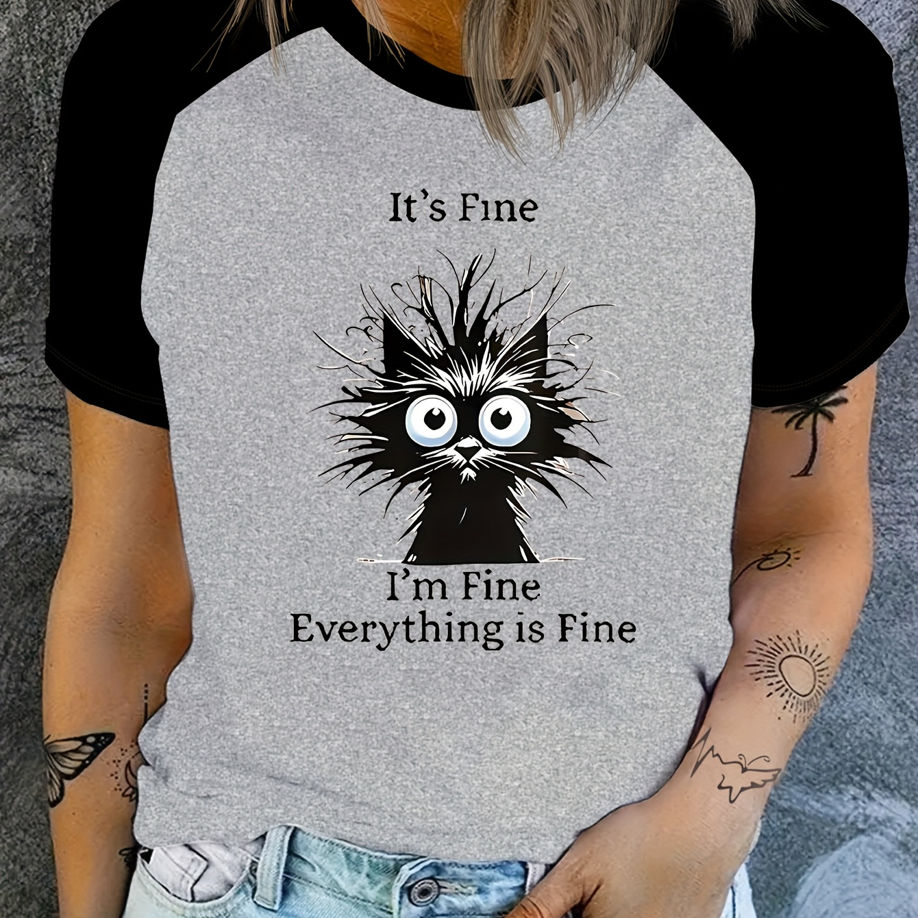 

Women's Casual Crew Neck Short Sleeve T-shirt, Polyester & Spandex , Regular Fit, With " Fine Is Fine" Cat Graphic, With Applique Detail, For Knit Fabric Top