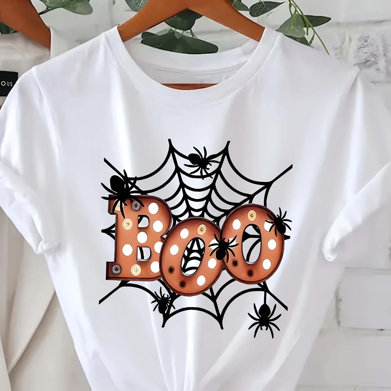 

Spider Web Print T-shirt, Short Sleeve Crew Neck Casual Top For Summer & Spring, Women's Clothing