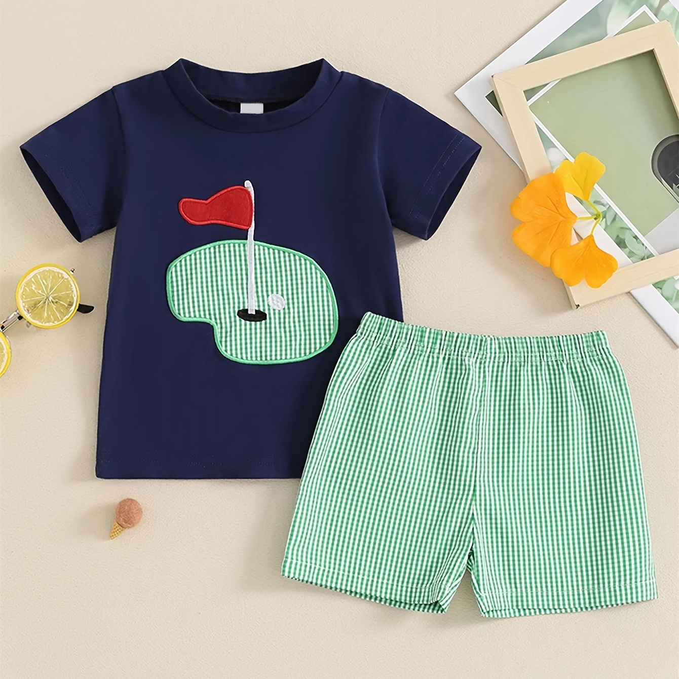 

2pcs Baby Boys Golf Embroidered Short Sleeve T-shirt And Striped Shorts Athletic Set, Casual Round Neck, Navy & Green