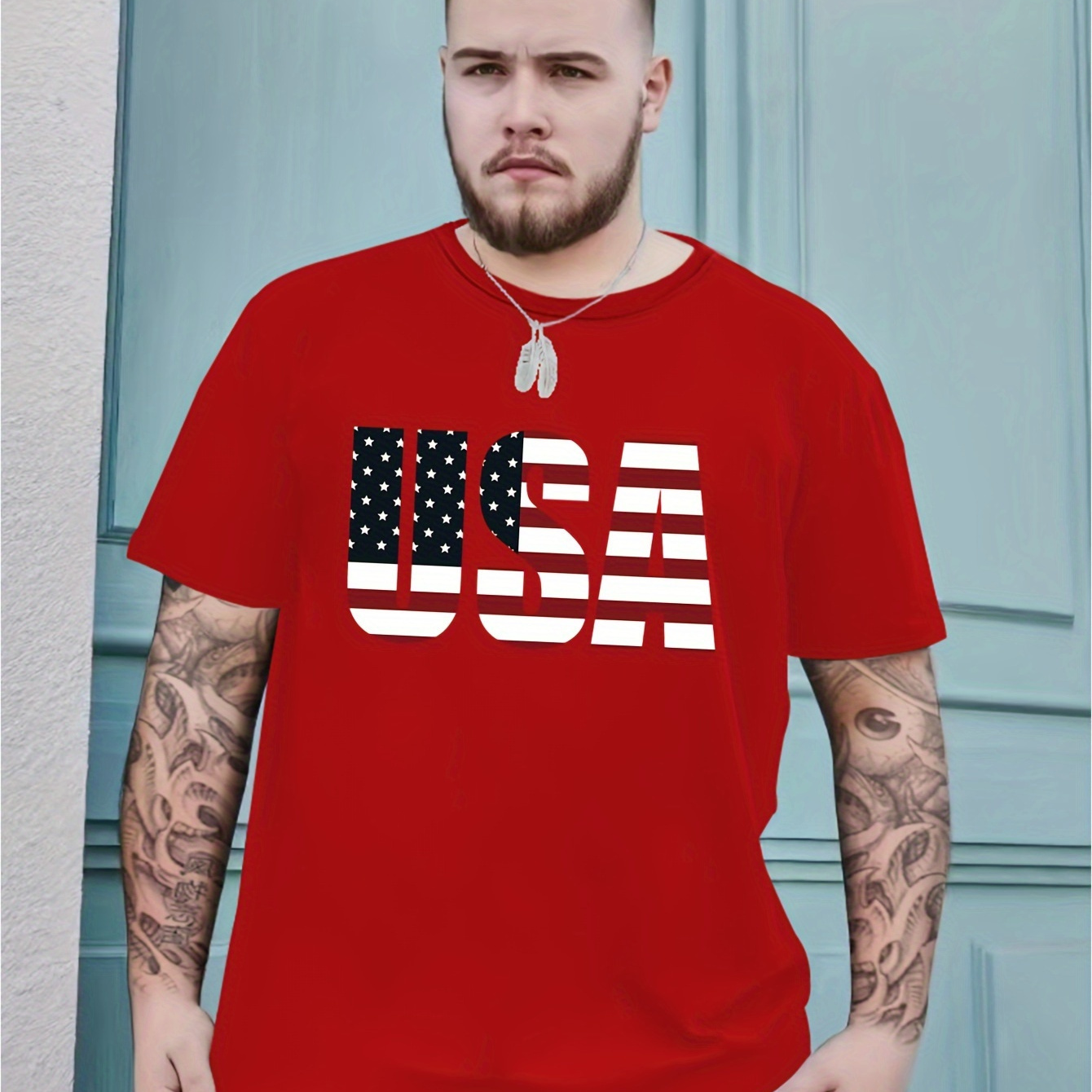 

Plus Size Men's Casual T-shirts, Usa Print Graphic Round Neck Comfy Tees Top Spring Summer Clothes, Men's Clothing