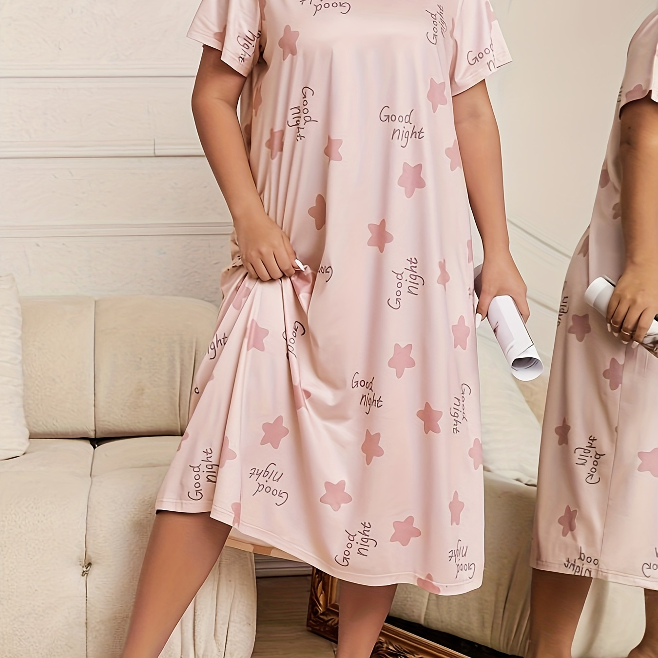 

Plus Size Casual Nightdress, Women's Plus Star & Slogan Print Short Sleeve Round Neck Tee Sleep Dress