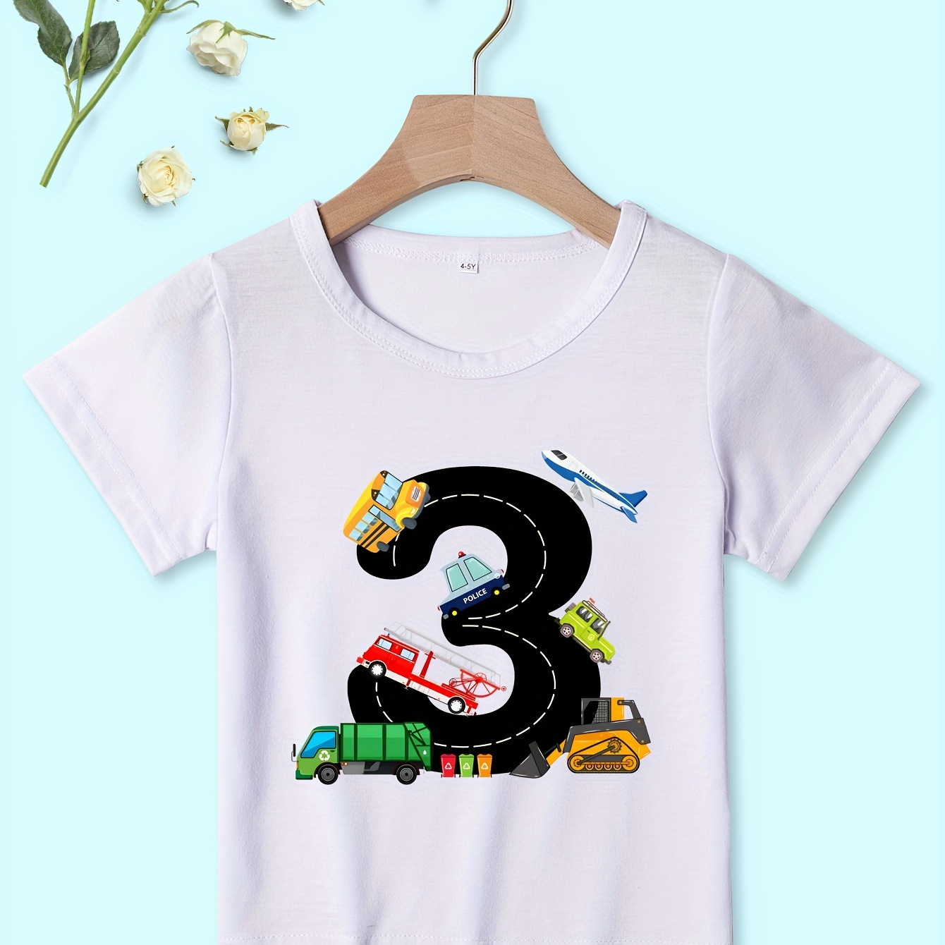 

Number 3 Cartoon Bus Transport Car Print Short Sleeve Boy's T-shirt