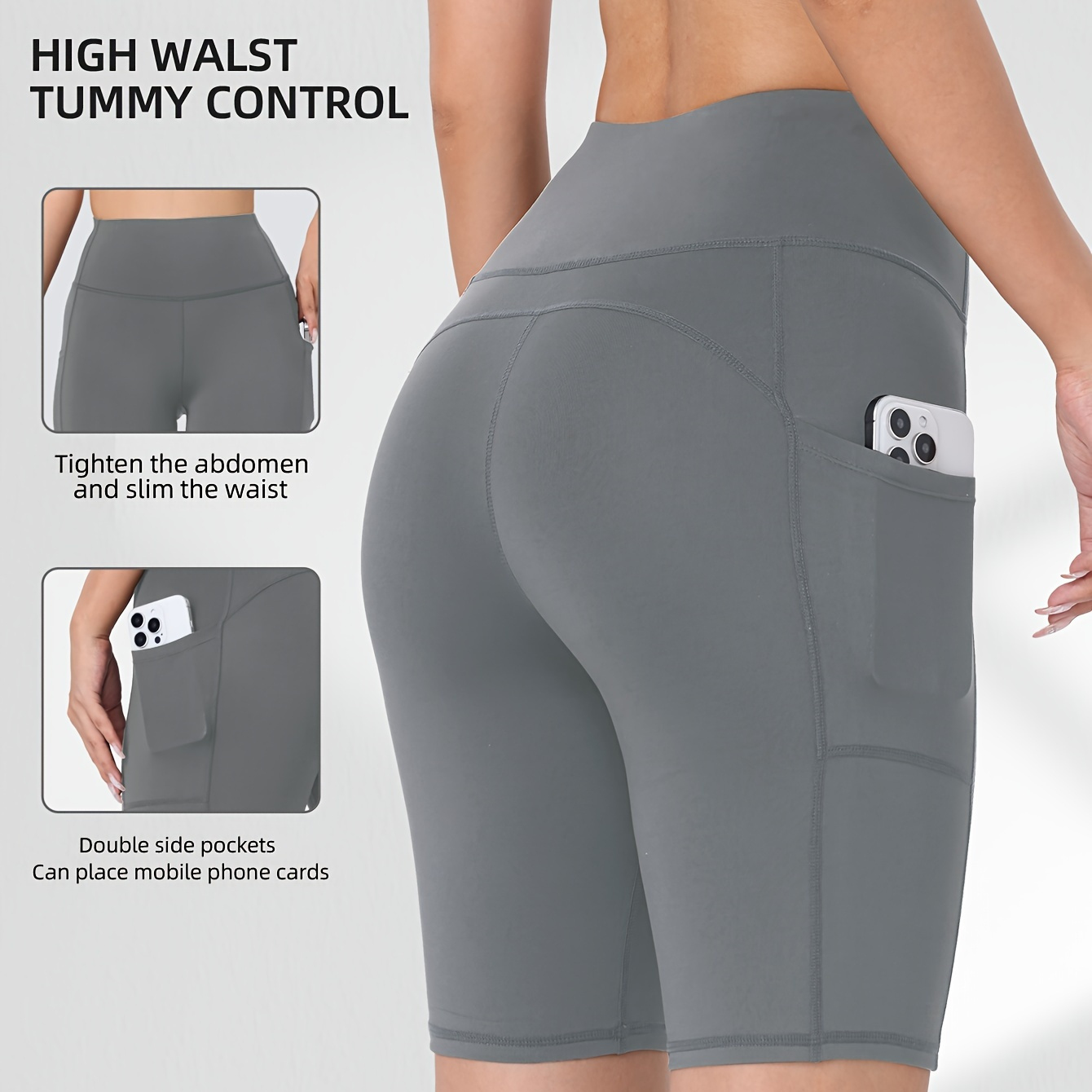 

[1pc High Waist Tummy Control Sports Shorts] 1pc Women's High Waist Tummy Control Sports Shorts, Poly Knit Fabric, Quick Dry, Stretchy , Solid Color, Pocket Detail, Fitness Yoga Running Workout Shorts