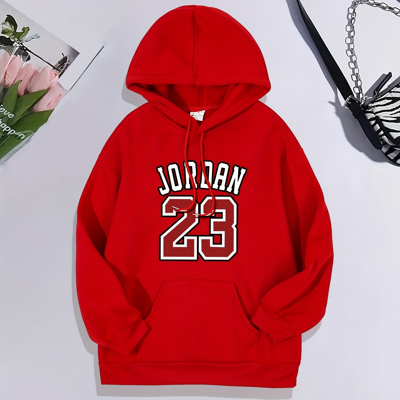 Letter & Number 23 Print Long Sleeve Drawstring Pullover Hoodie, Kangaroo Pocket Warm Casual Sports Hooded Sweatshirt, Women's Clothing