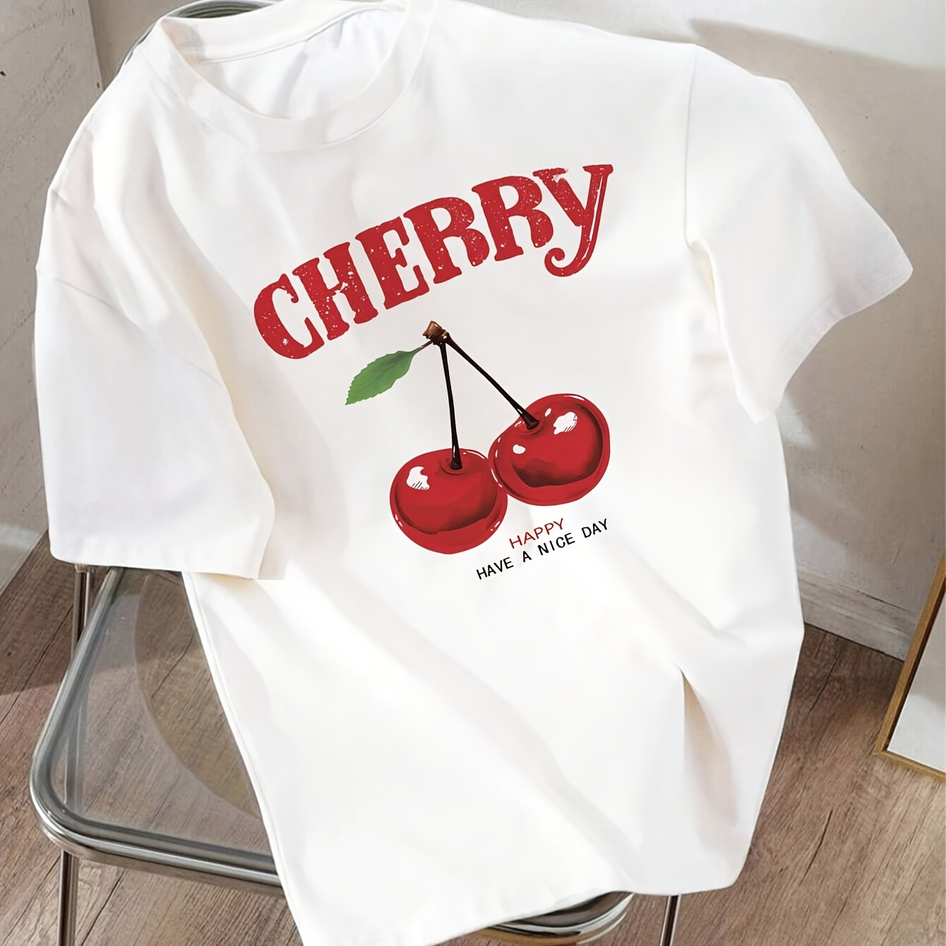 

Women's Summer Casual Sporty T-shirt With Cherry & Letter Print, Crew Neck, Short Sleeve - Breathable Polyester