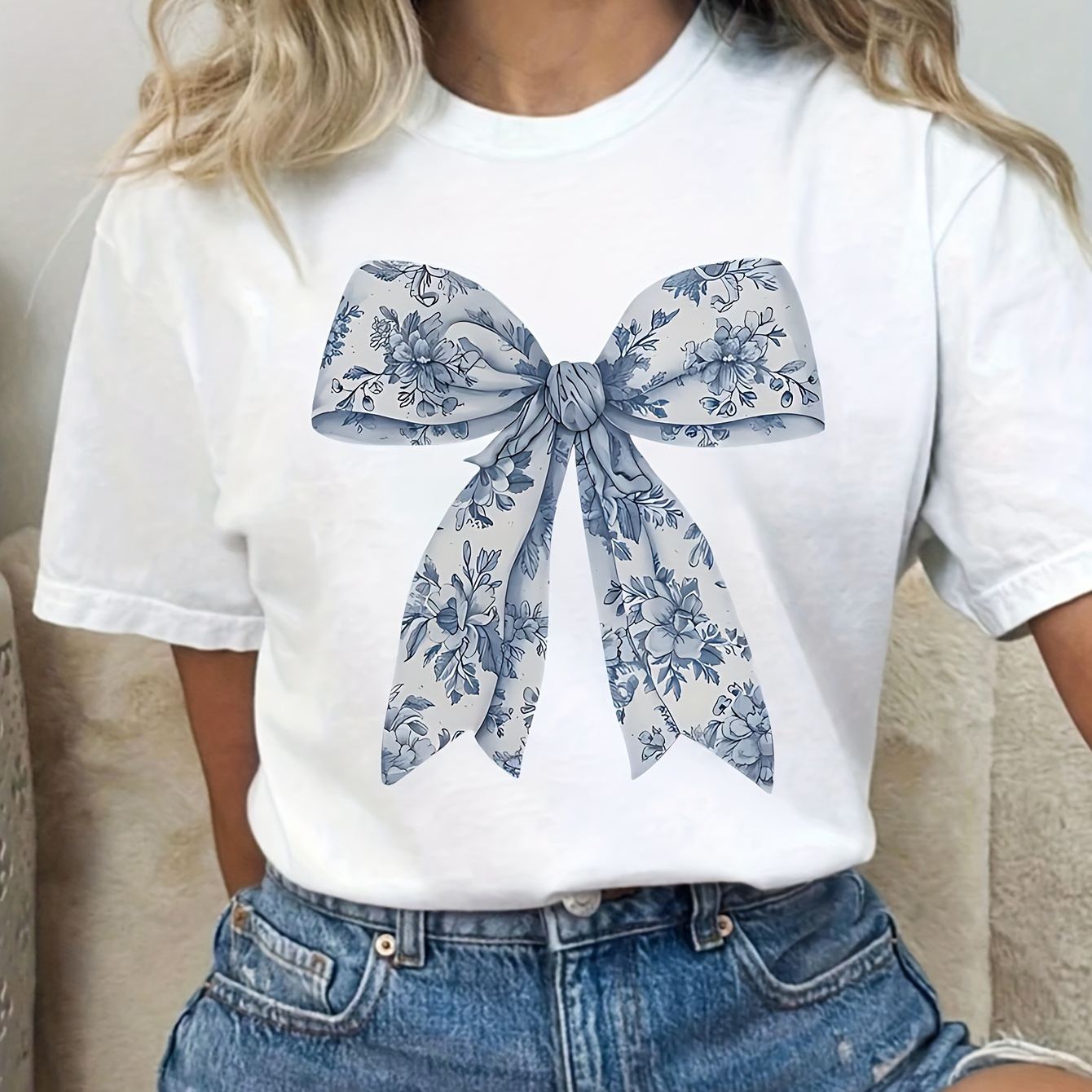 

Ladies' Plus Size Short Sleeve Round Neck T-shirt With Floral Bow Design - Polyester Blend, Casual Style, Summer Season, No Detail, Knit Fabric