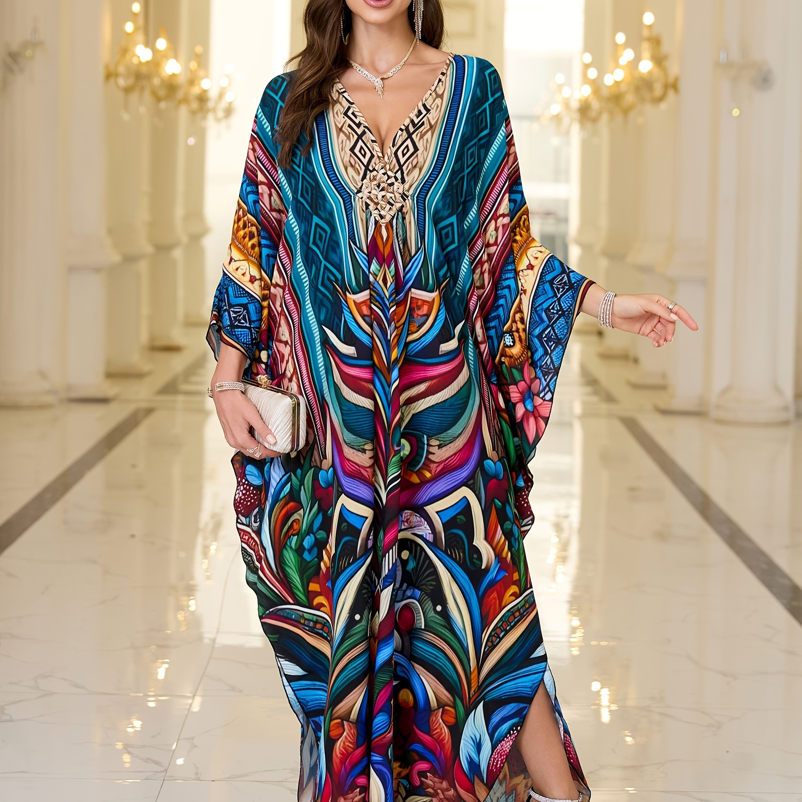 

Edolynsa Elegant Vintage-inspired Kaftan Dress - Loose Fit, Batwing Sleeves With Side Slits, V-neck, Viscose, Non-stretch Fabric - Ramadan & Beach