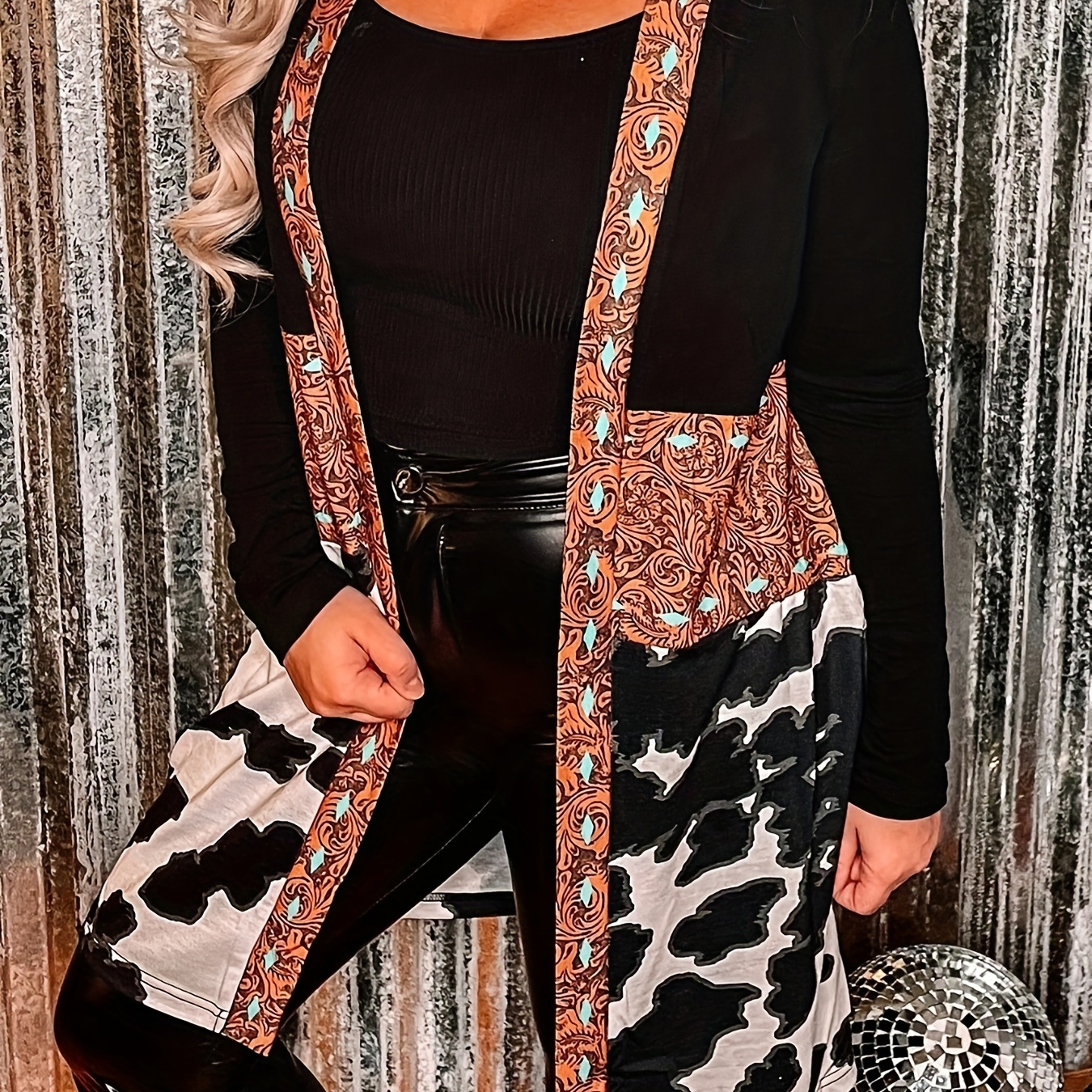 Plus Size Boho Cardigan, Women's Plus Paisley & Cow Print Long Sleeve Open Front High Stretch Cardigan