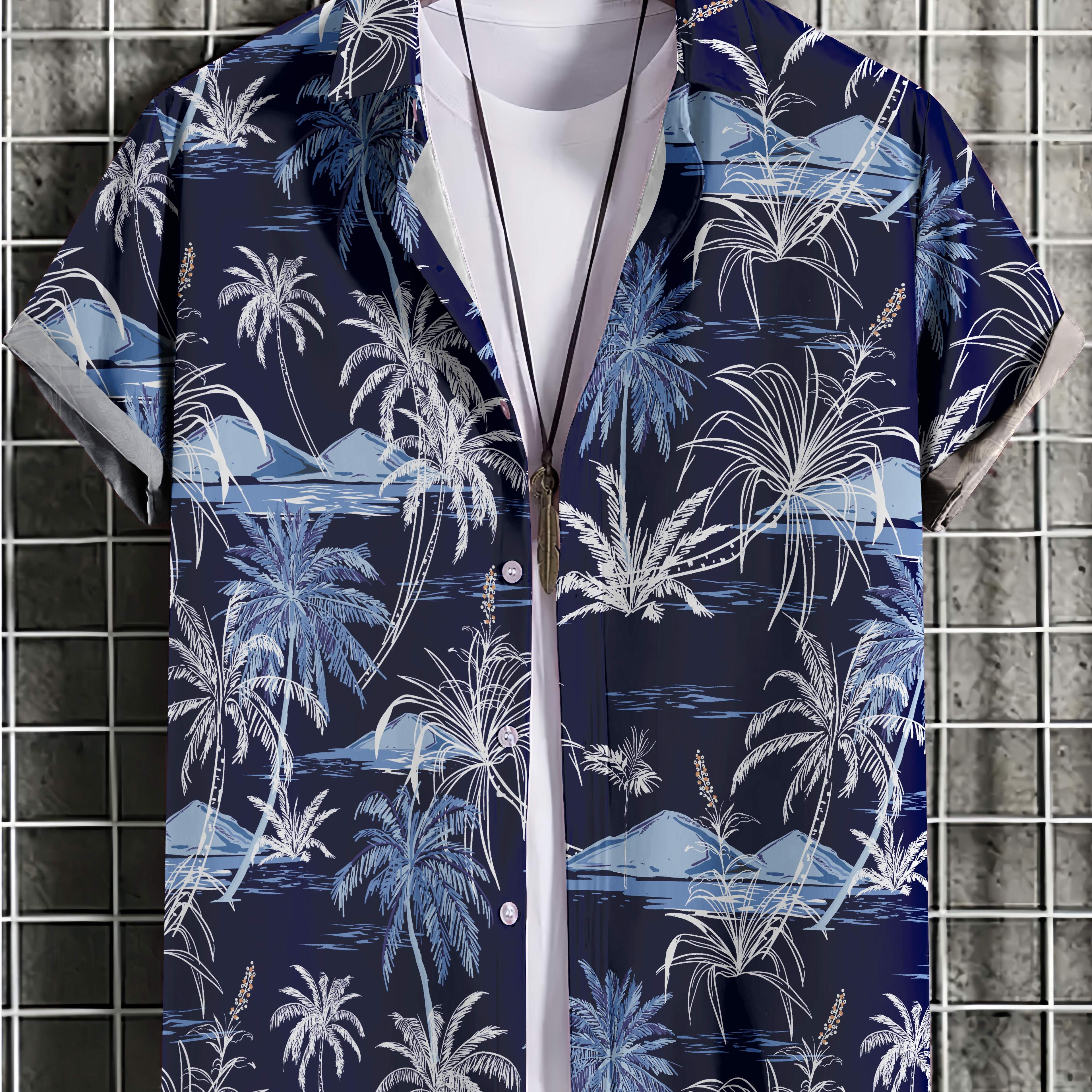 

Men's Trendy Hawaiian Lapel Collar Graphic Shirt With Stylish Palm Tree Print For Summer Beach, Pool And Resort, Comfort Fit