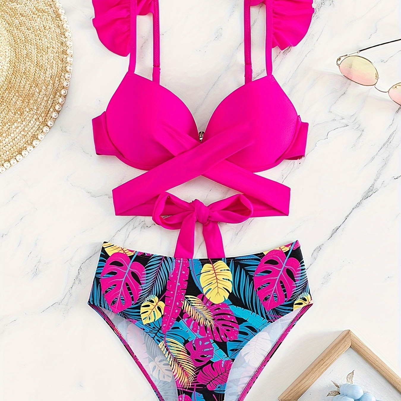 

Women's 2-piece Bikini Set, Vibrant Color With Tropical Print, Top With Layered Design, High Cut Bottoms - Summer Beach Swimwear