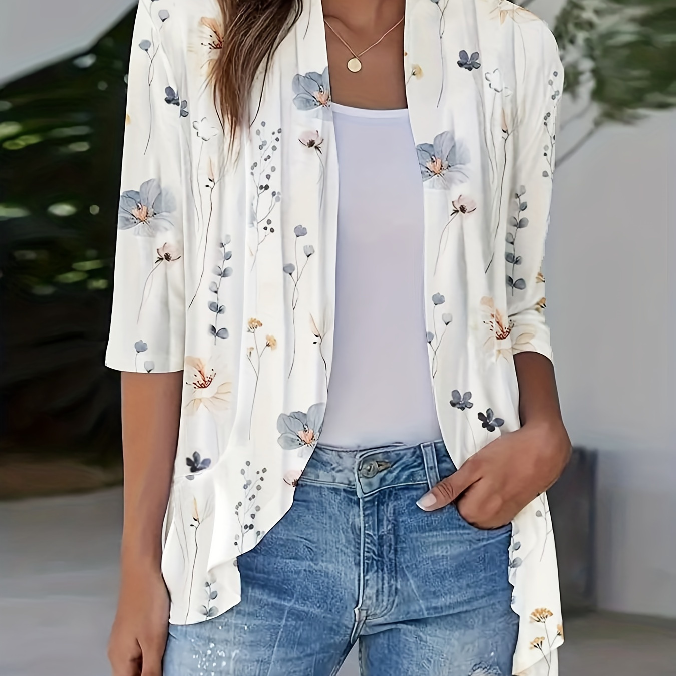 

Floral Print Open Front Ruffle Hem Cardigan, Casual Half Sleeve Cardigan For Summer & Spring, Women's Clothing