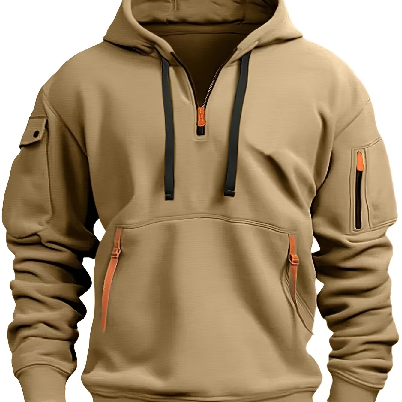 

Men's Hooded Active Sweatshirt With Arm Pocket Zip Details - 100% Polyester Sports Style Pullover - Solid Color, Regular Fit Long Sleeve With Slight Stretch Knit Fabric