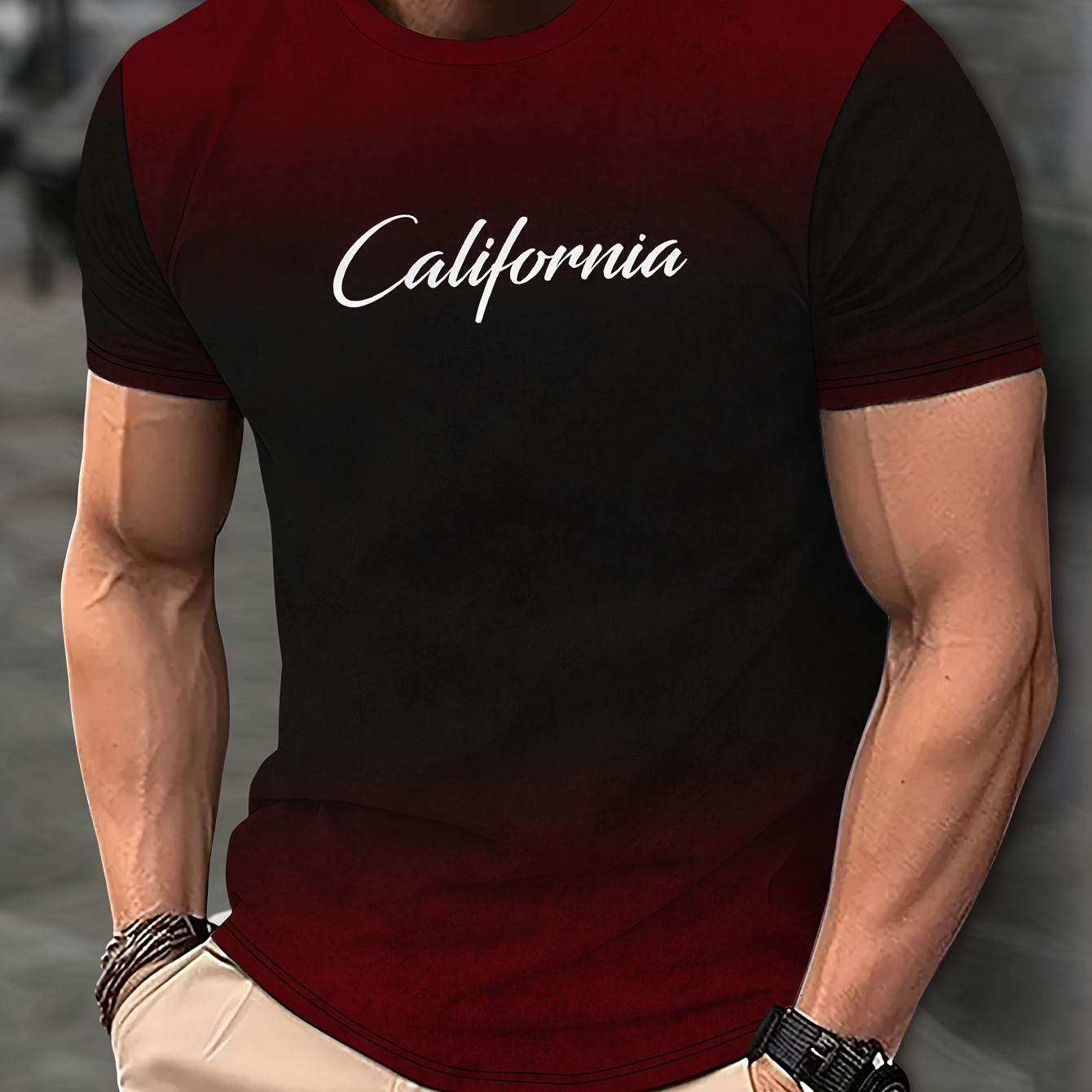 

California Print Men's Stylish Gradient Short Sleeve Crew Neck T-shirt, Summer Outdoor