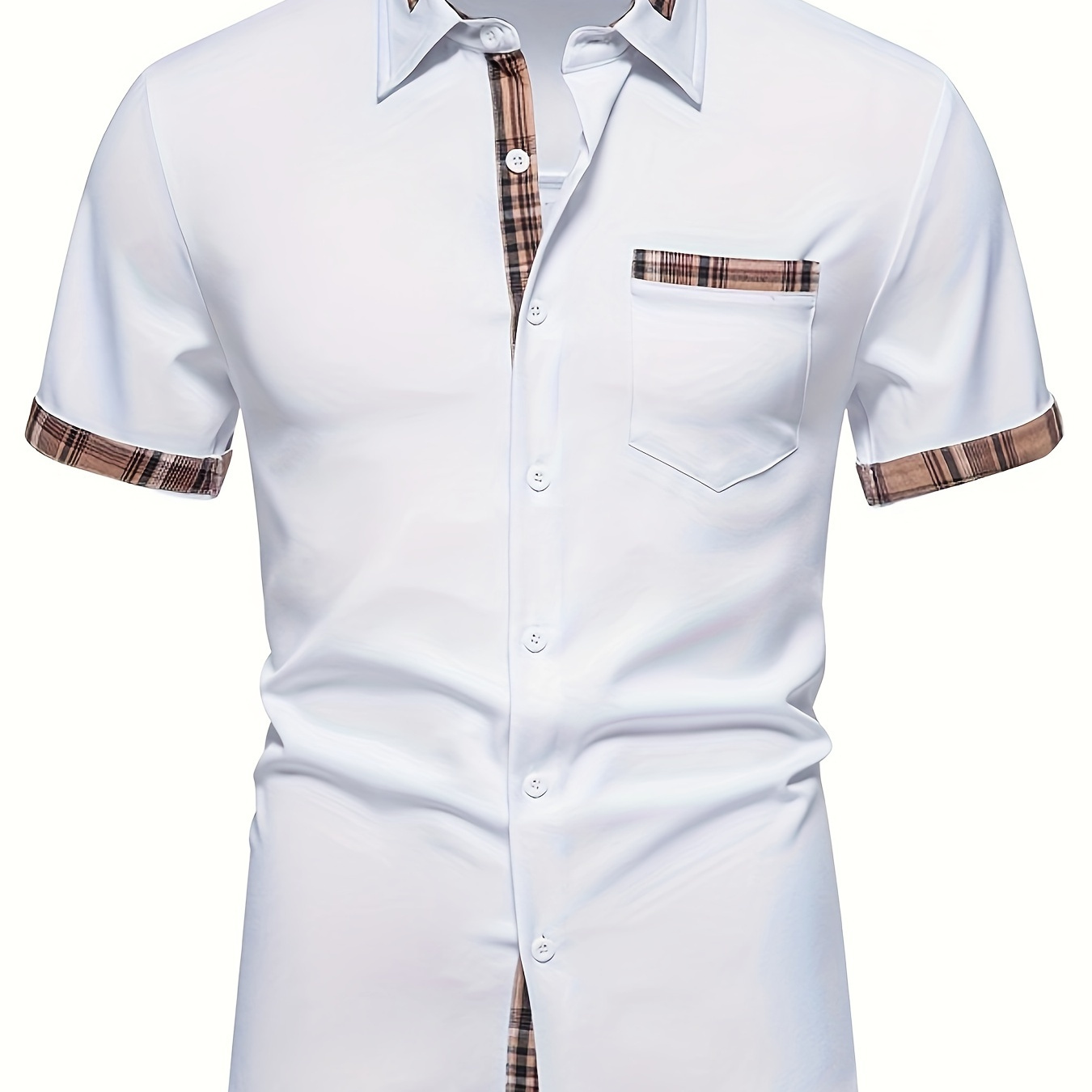 

Men's Casual Short Sleeve Button-up Lapel Slim Fit Dress Shirt With Plaid Collar And Cuff, Formal Work Wear