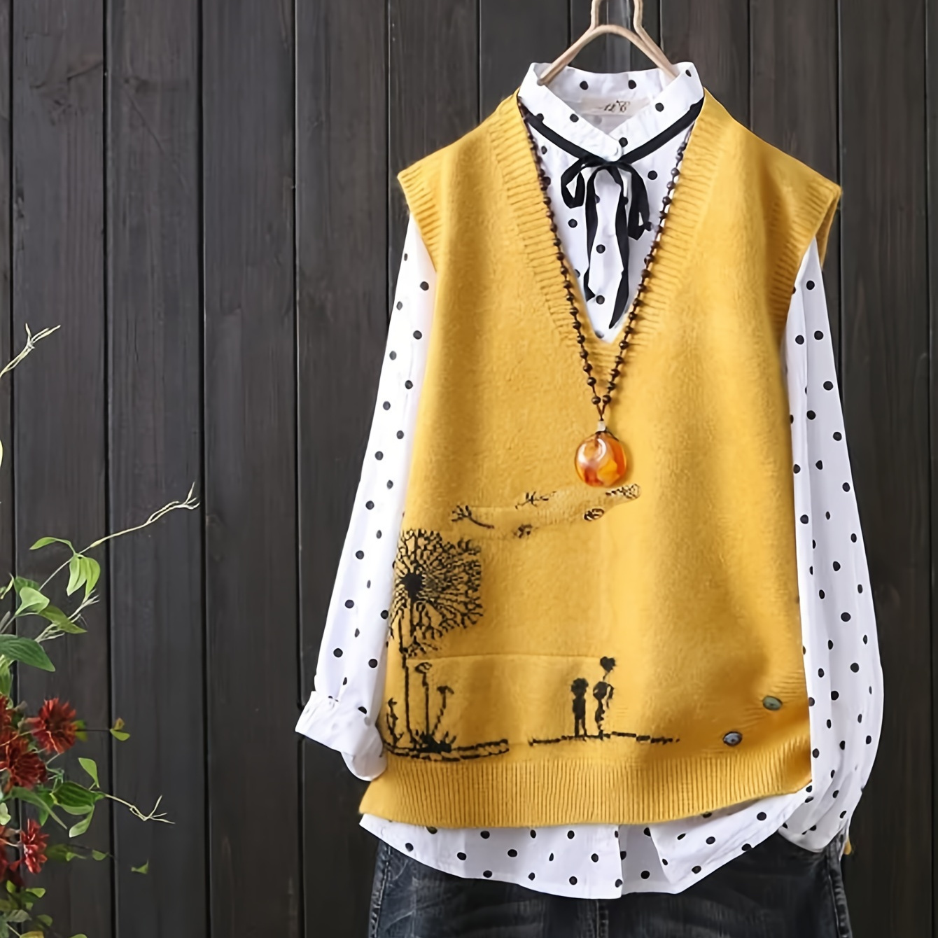 

Elegant Floral V-neck Sweater Vest For Women - Casual & Chic, Stretchy Polyester , All