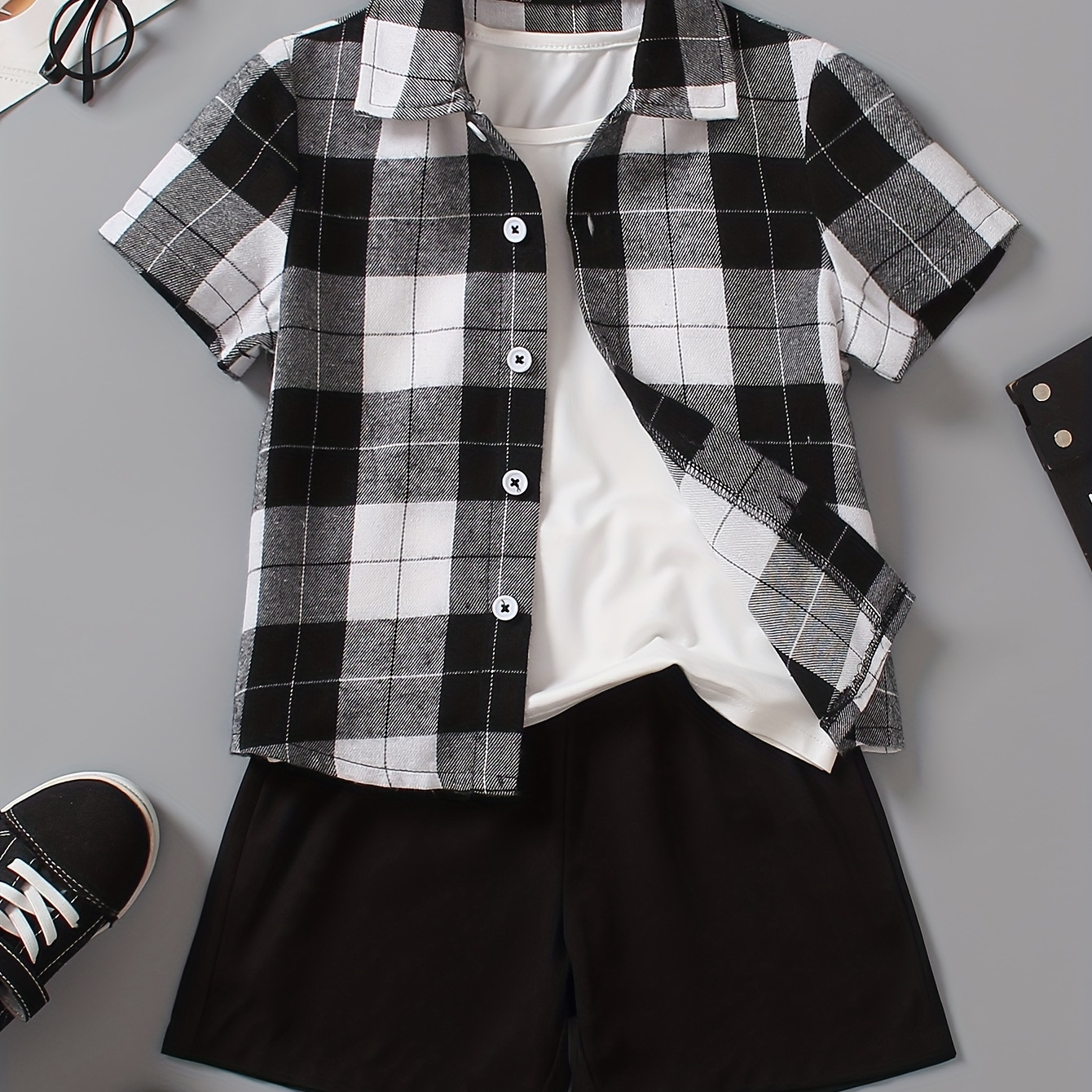 

3pcs Boys Casual Short Sleeve Lapel Plaid Shirt & T-shirt & Shorts Set, Comfy Summer Boys Clothing