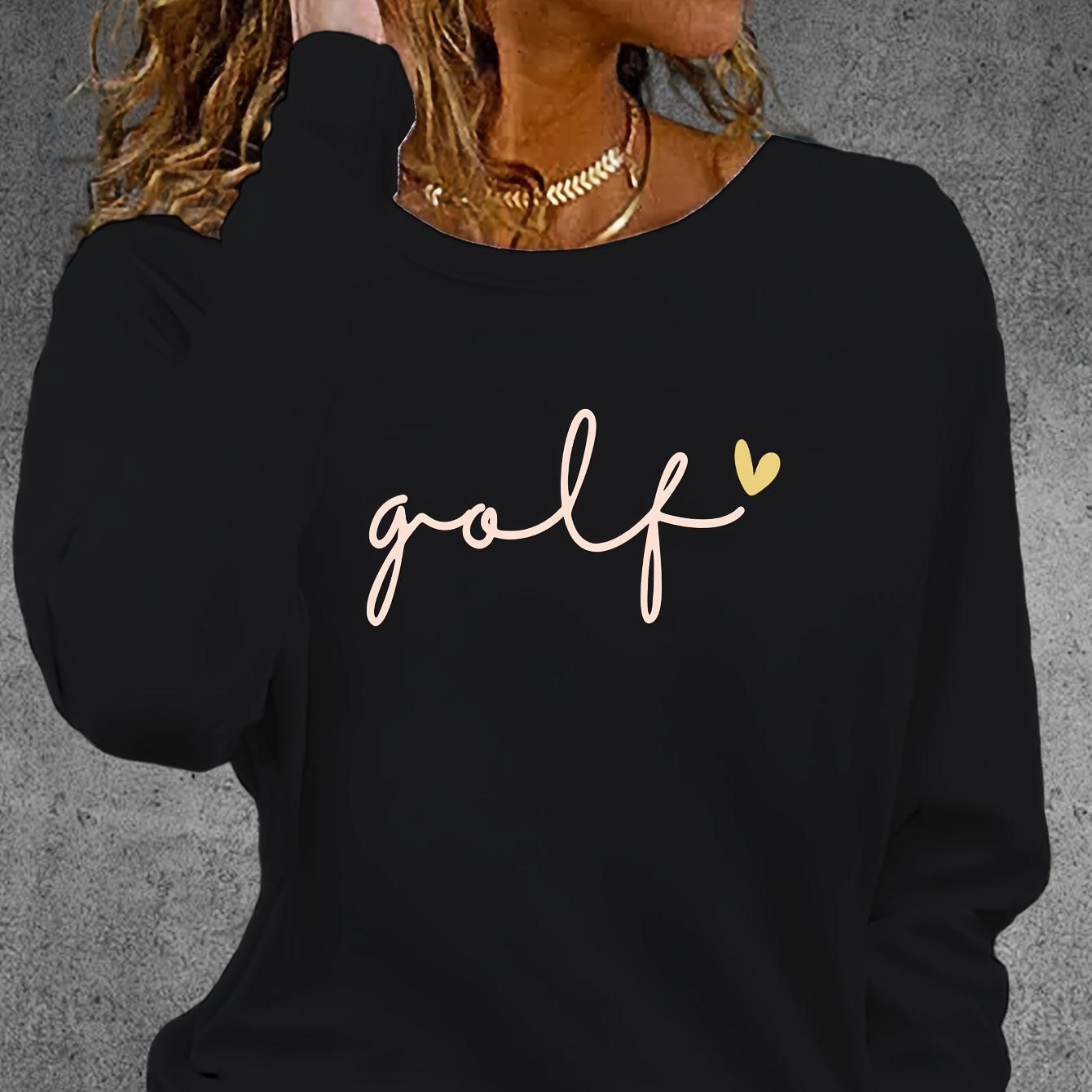 

1pc Women's Casual Long Sleeve Round Neck T-shirt With "golf" Lettering And Heart Detail, Polyester Knit Pullover Top For Spring/autumn