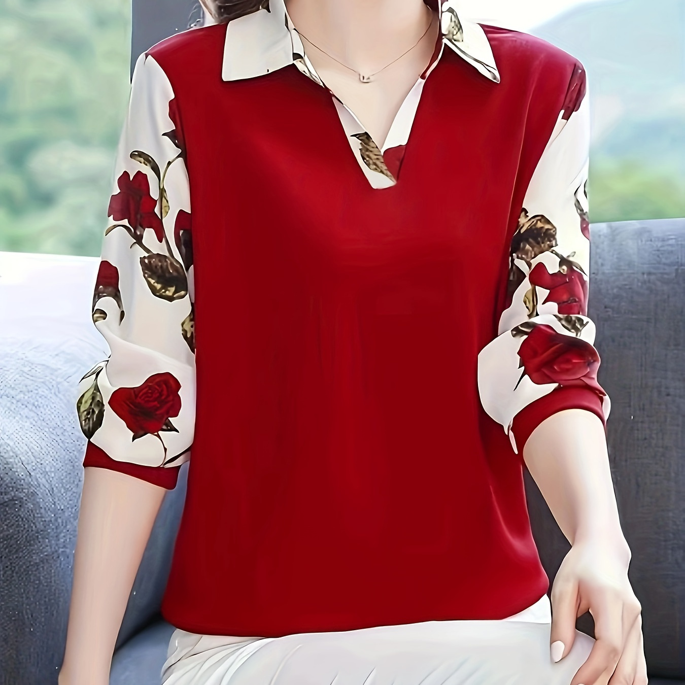 

Floral Print Blouse, Casual Long Sleeve Lapel Blouse For Spring & Fall, Women's Clothing