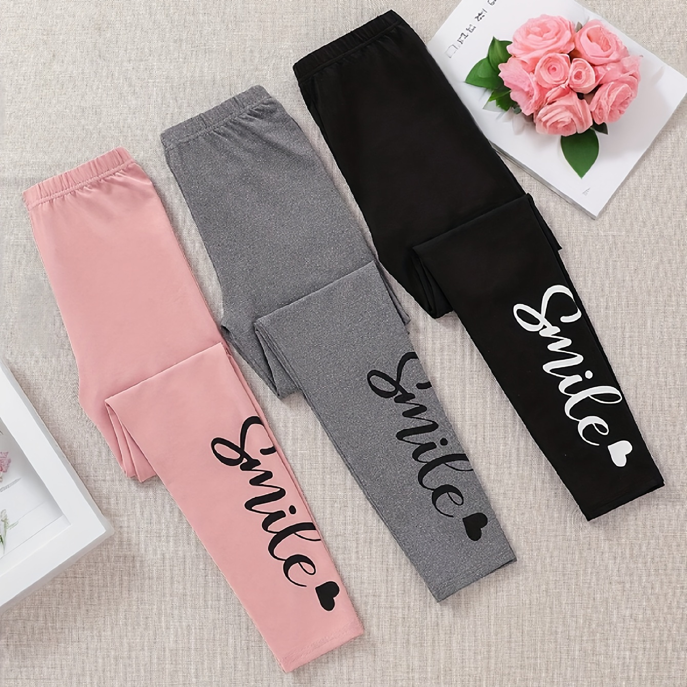 

Girls 3-piece Casual & Comfy Smile & Heart Graphic Print Leggings Set For Spring & Fall Daily Wear