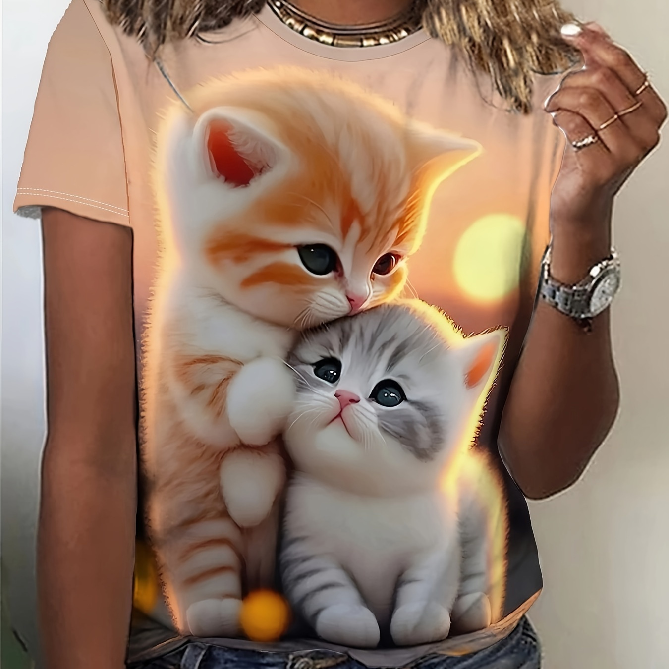 

T-shirt à col ras du cou imprimé chat mignon, haut décontracté à manches courtes pour l'été et le printemps, vêtements pour femmes