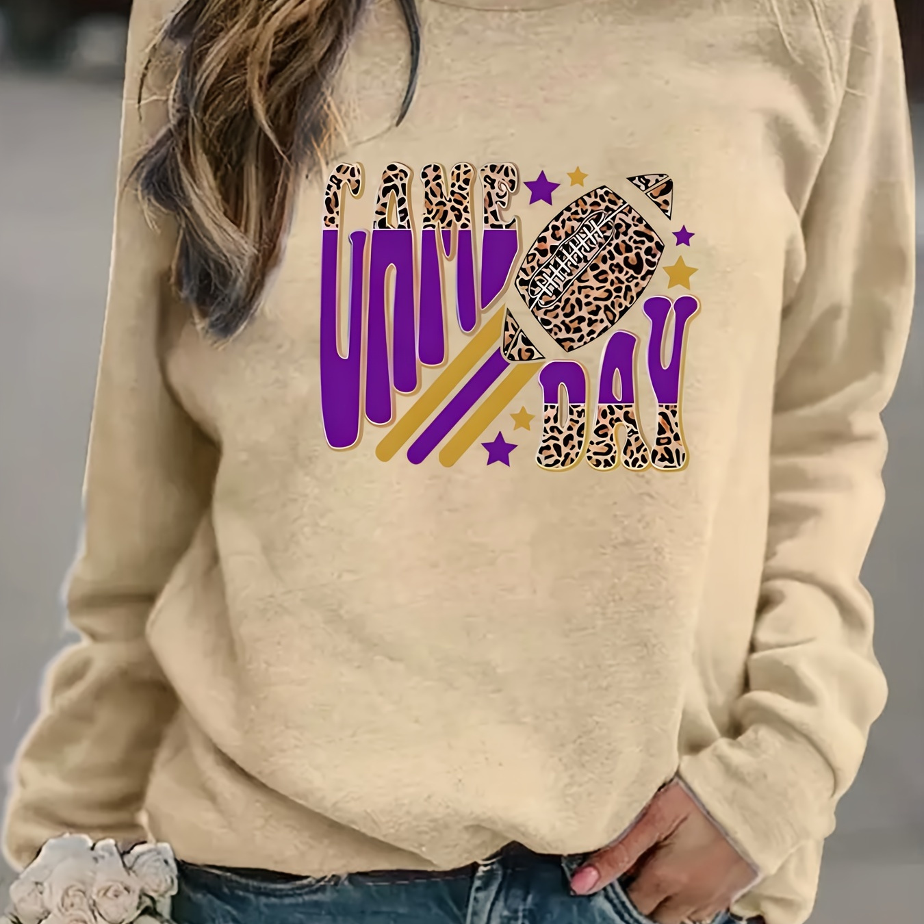 

Letter & Rugby Print Pullover Sweatshirt, Casual Long Sleeve Crew Neck Sweatshirt, Women's Clothing