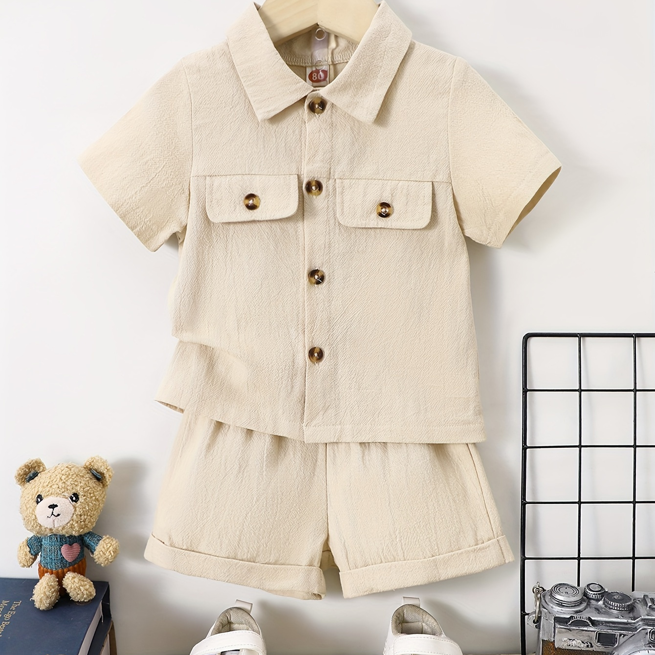 

Baby Boy's Soild Casual Outfit, Short Sleeve Button Shirt + Matching Shorts Set, Toddler Summer Clothing