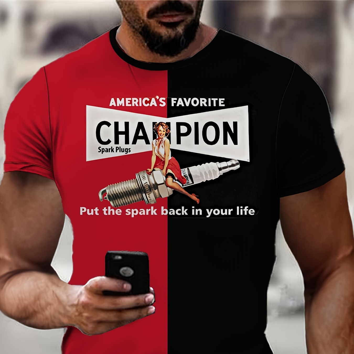 

Men's Graphic T-shirt - " Champion" Spark Plug Design, Casual Summer Short Sleeve Crewneck Tee For Outdoor Fun, Outdoor Clothing | Print Shirt | Stretch Fabric