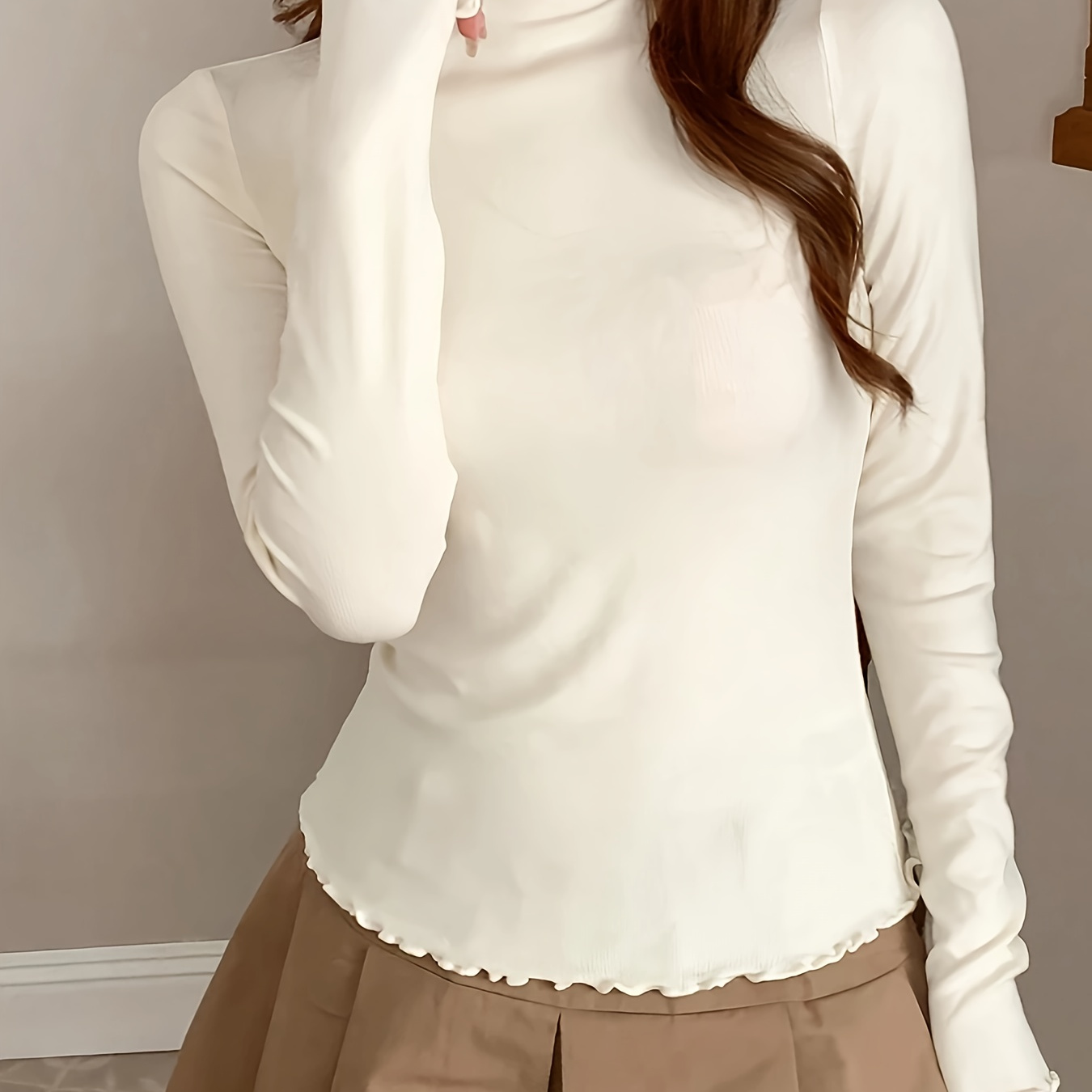 

T-shirt à col roulé en dentelle, élégant T-shirt à manches longues pour et , vêtements pour femmes