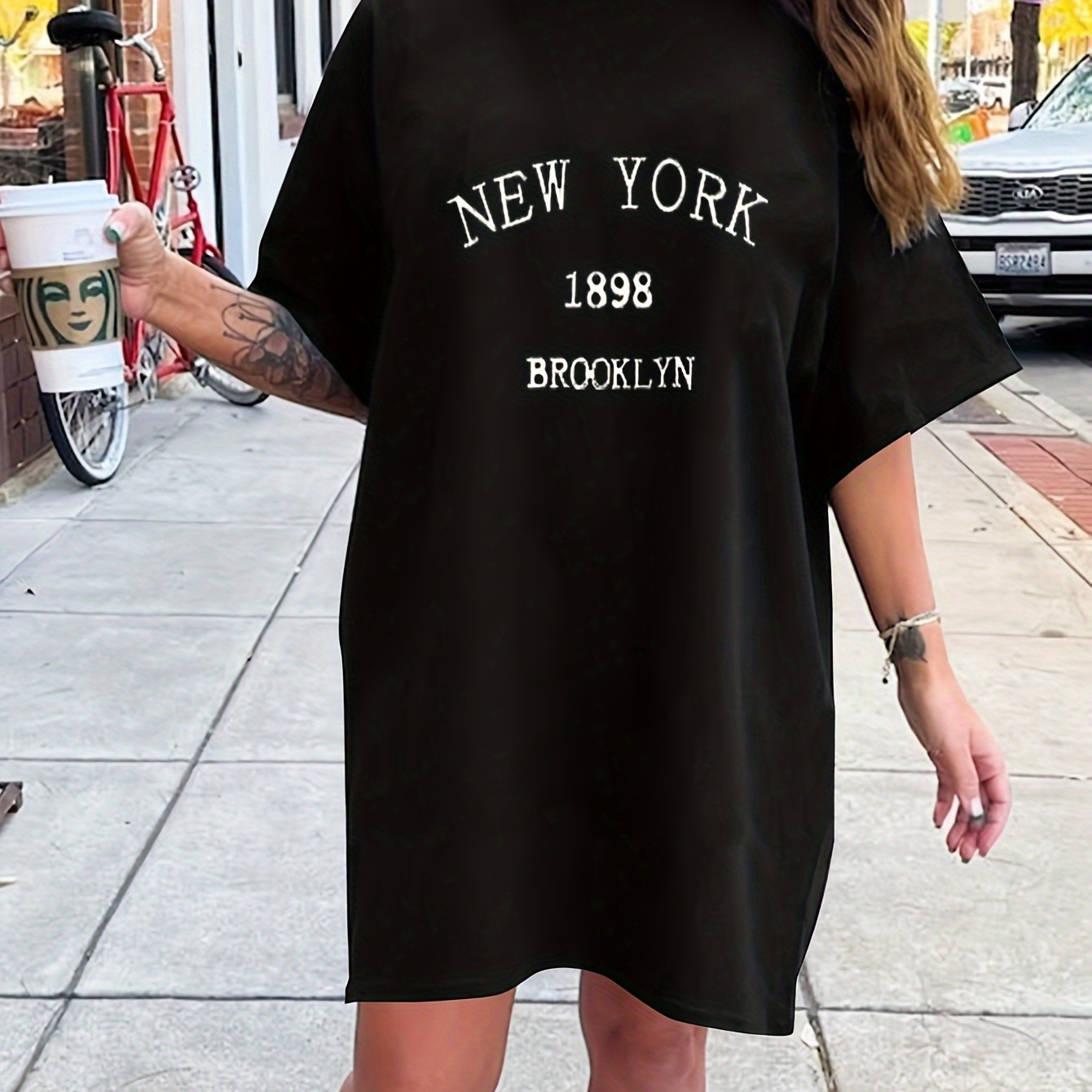 

New York Print Tee Dress, Short Sleeve Crew Neck Casual Dress For Summer & Spring, Women's Clothing