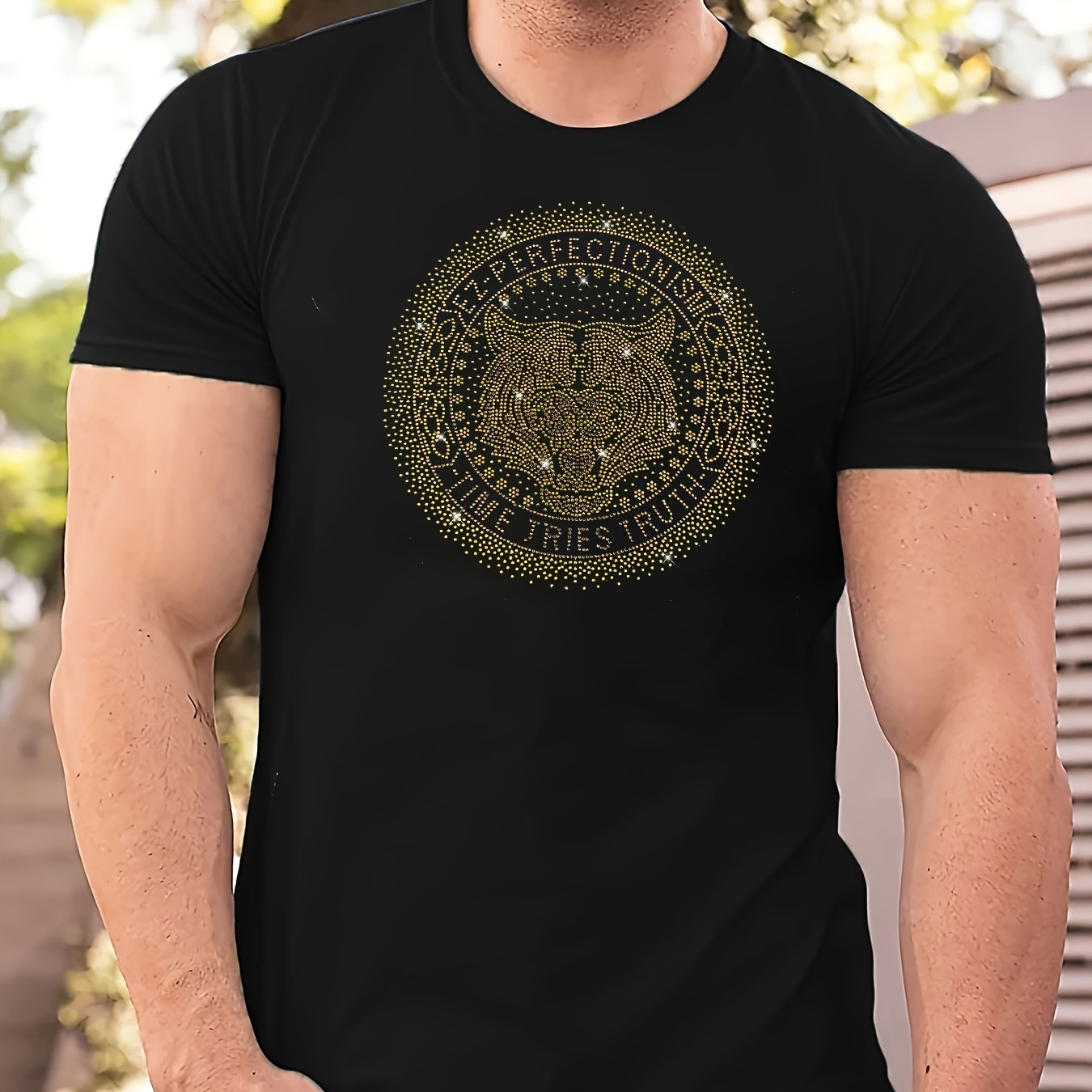 

Men's Tiger Pattern Rhinestones Patchwork Short Sleeve Crew Neck T-shirt, Tees For Men, Stylish And Trendy Tops For Summer Street And Party Wear