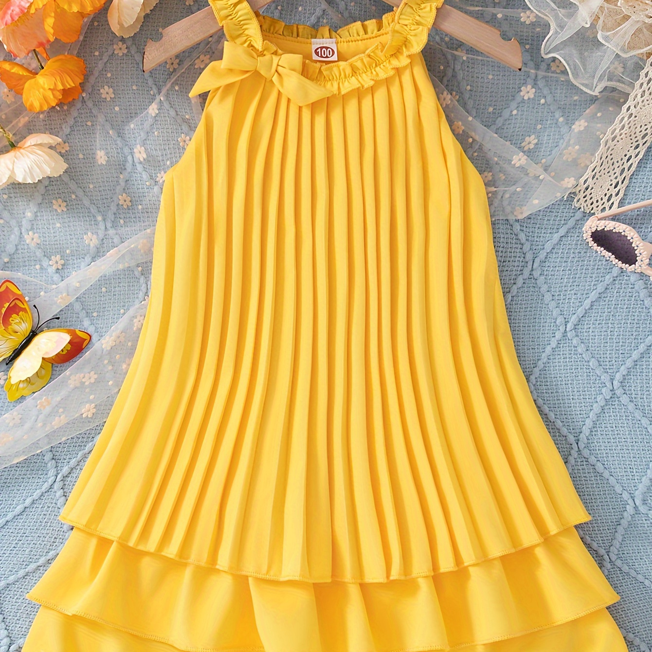 

Trendy Girls Pleated Halter Dress Sleeveless Solid Bow Decor Swing Midi Dress For Summer Going Out