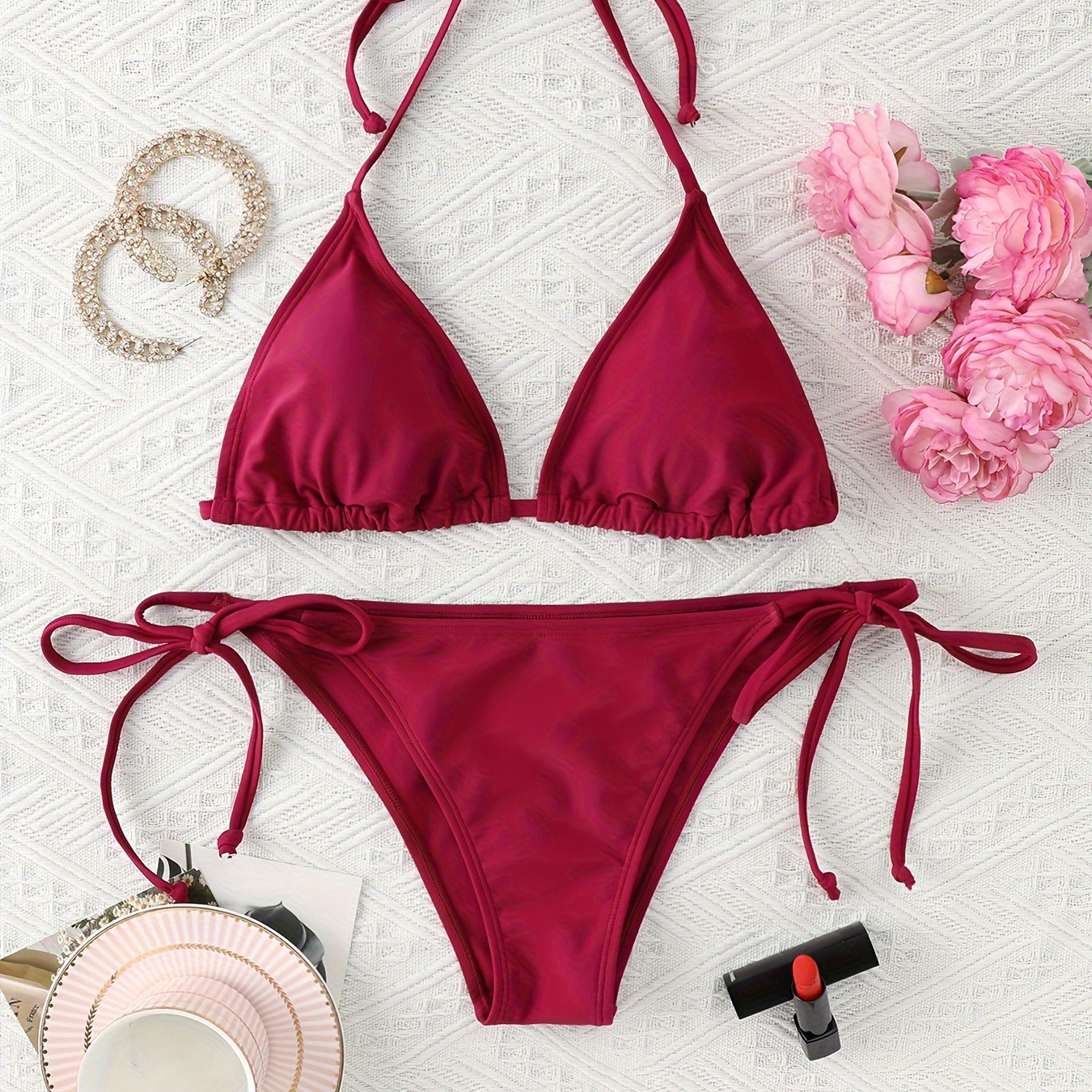 

Solid Color Triangle 2 Piece Set Bikini, Halter V Neck Tie Back Backless High Cut Tie Side Swimsuits, Women's Swimwear & Clothing