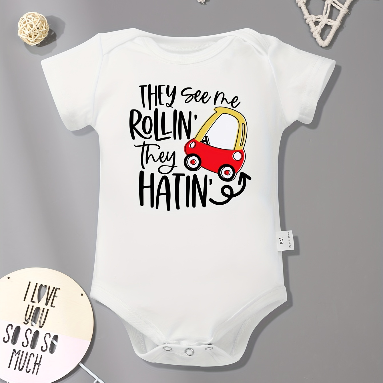 

Infant's "they See Me Rollin" Print Bodysuit, Comfy Short Sleeve Onesie, Baby Boy's Clothing, As Gift