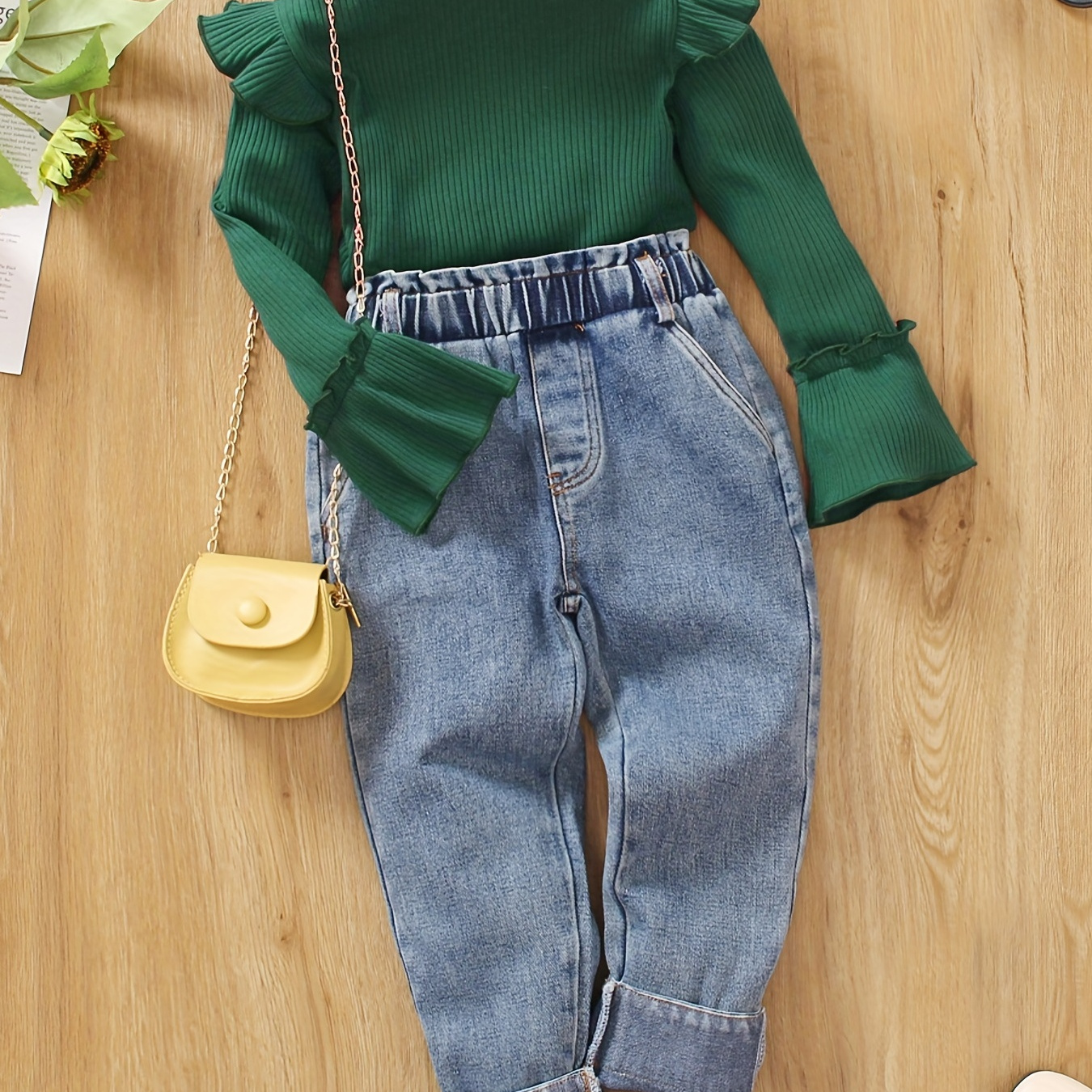 

Toddler Girl's Casual Outfit 2pcs, Ribbed Trumpet Sleeve Top & Denim Pants Set, Kid's Clothes For Spring Fall