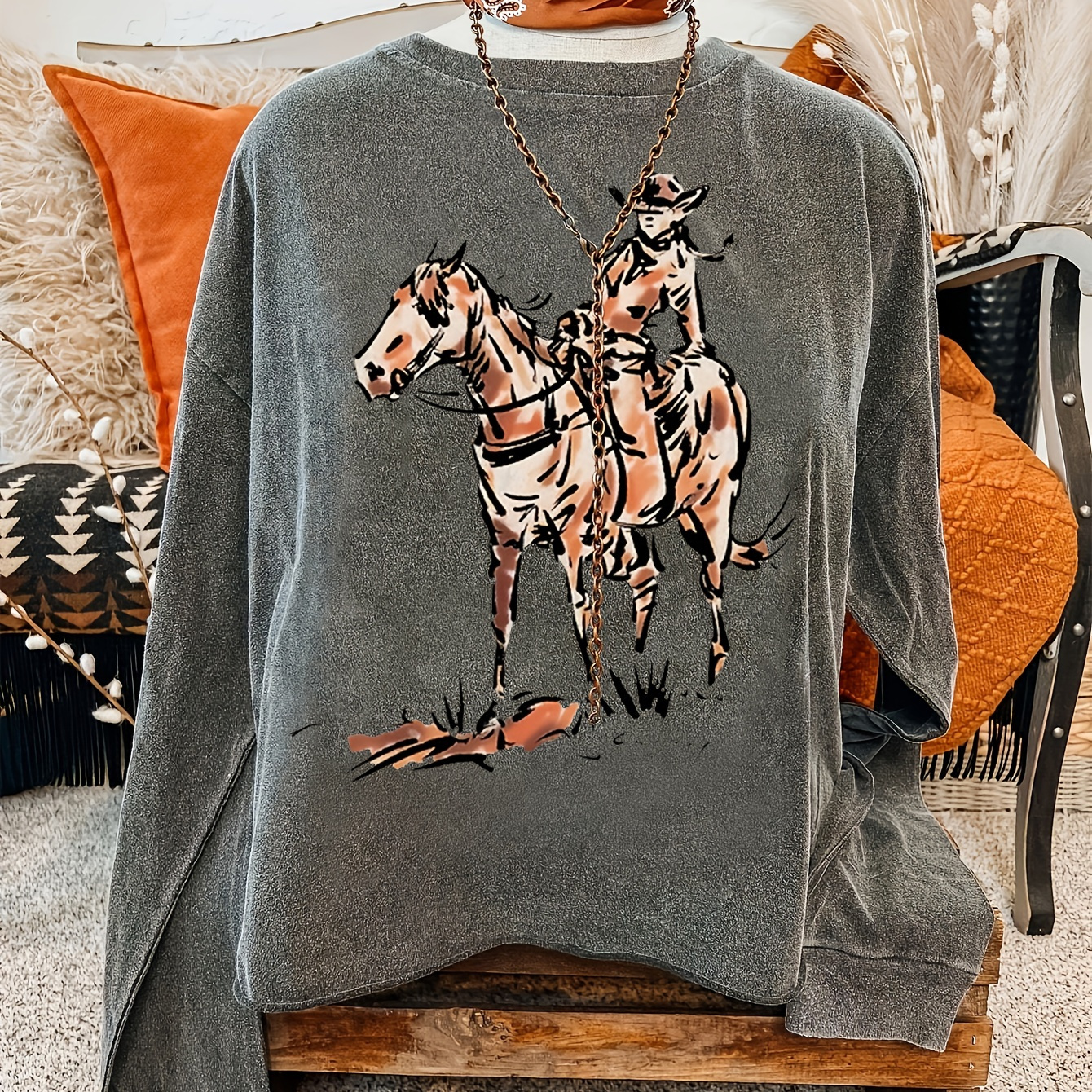 

Women's Casual Crew Neck Sweatshirt With Western Horse Print - 100% Polyester Knit Fabric, Long Sleeve Pullover For Spring/fall