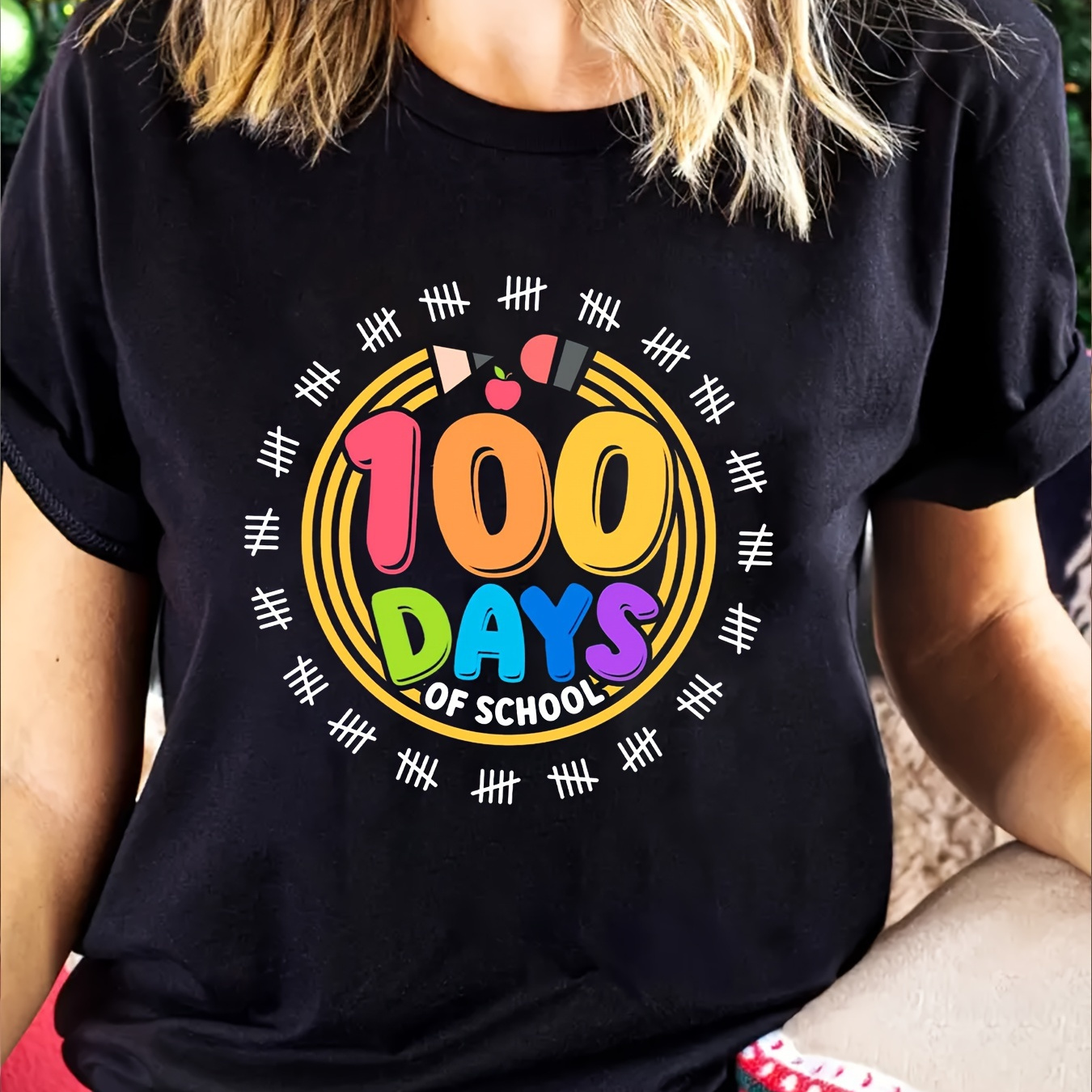 

Days Of School Print T-shirt, Casual Crew Neck Short Sleeve Top For , Women's Clothing