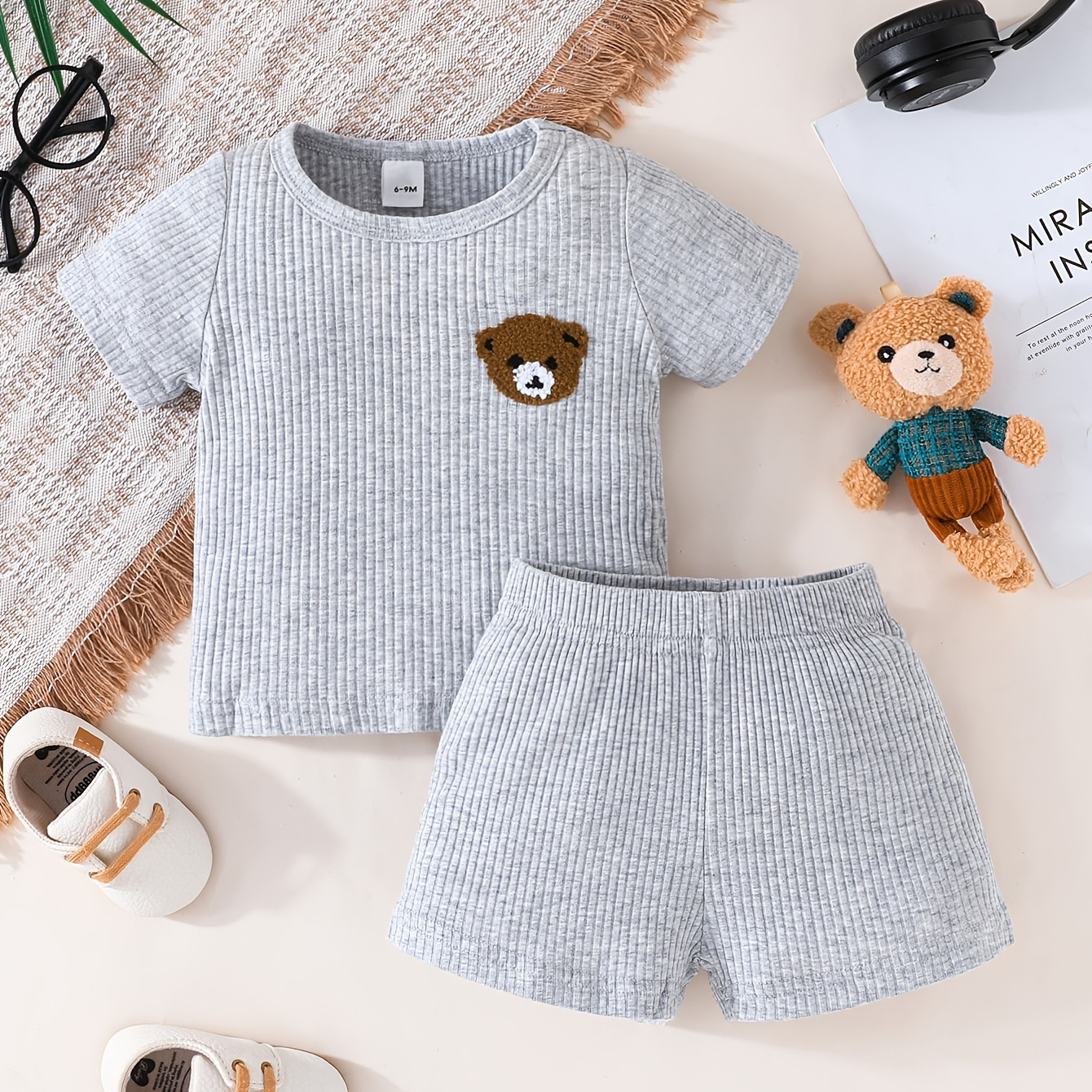 

2pcs Baby's Bear Embroidered Ribbed Summer Set, Cotton T-shirt & Shorts, Baby Boy's Clothing, As Gift