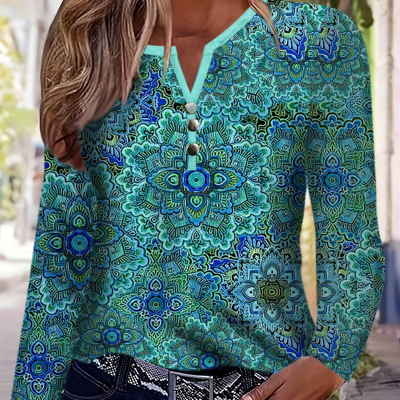 

Ethnic Print Notched Neck T-shirt, Vintage Button Front T-shirt For Spring & Fall, Women's Clothing