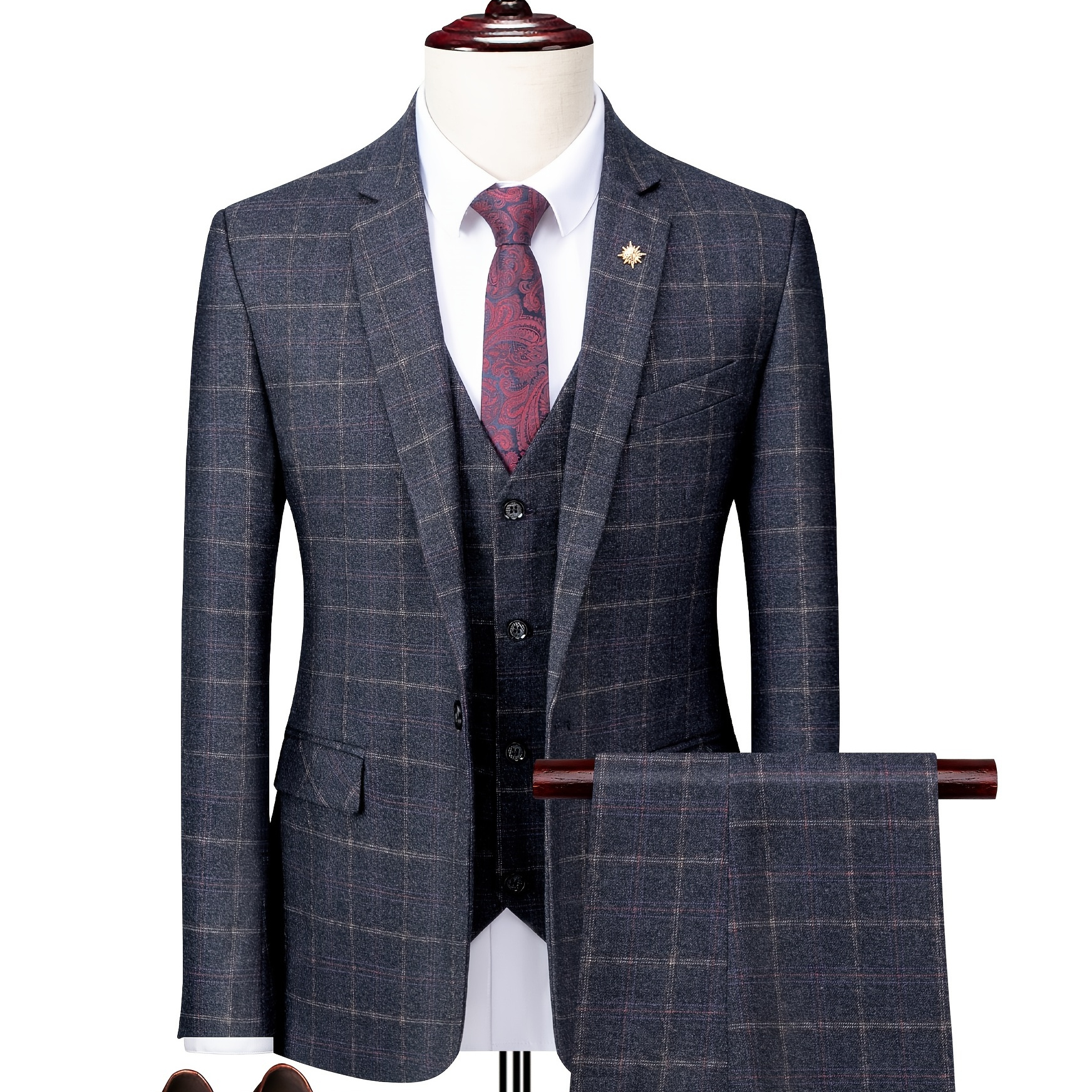 

Men's 3pcs Gingham Suit Set, Casual Lapel Collar, Regular Fit, Long Sleeve, Non-stretch Woven Viscose 26%, Polyester 74%, All , Includes Vest, Shirt, Pants - 290gsm Fabric Weight