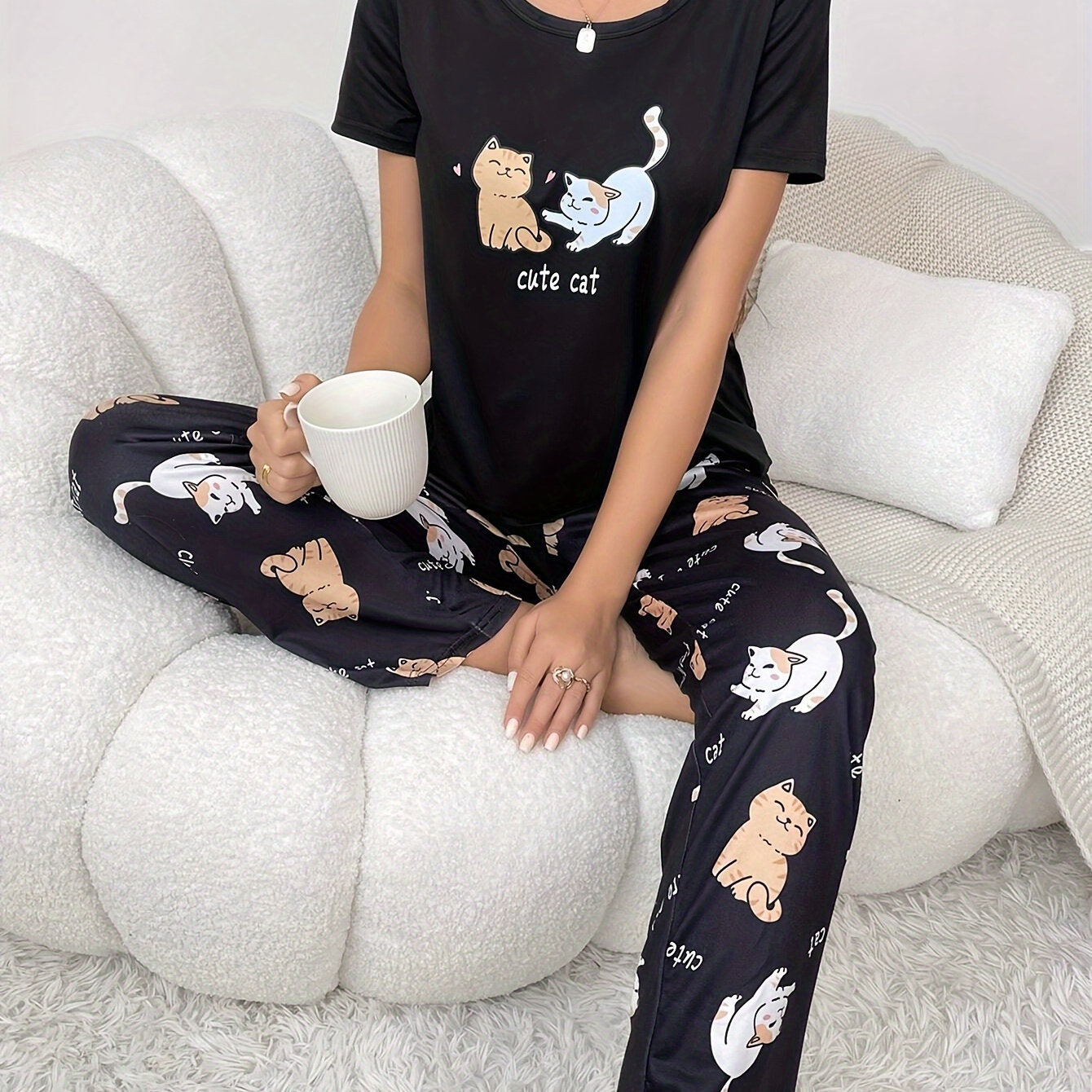 

Women's Cute Cat & Letter Print Pajama Set, Short Sleeve Round Neck Top & Pants, Comfortable Relaxed Fit