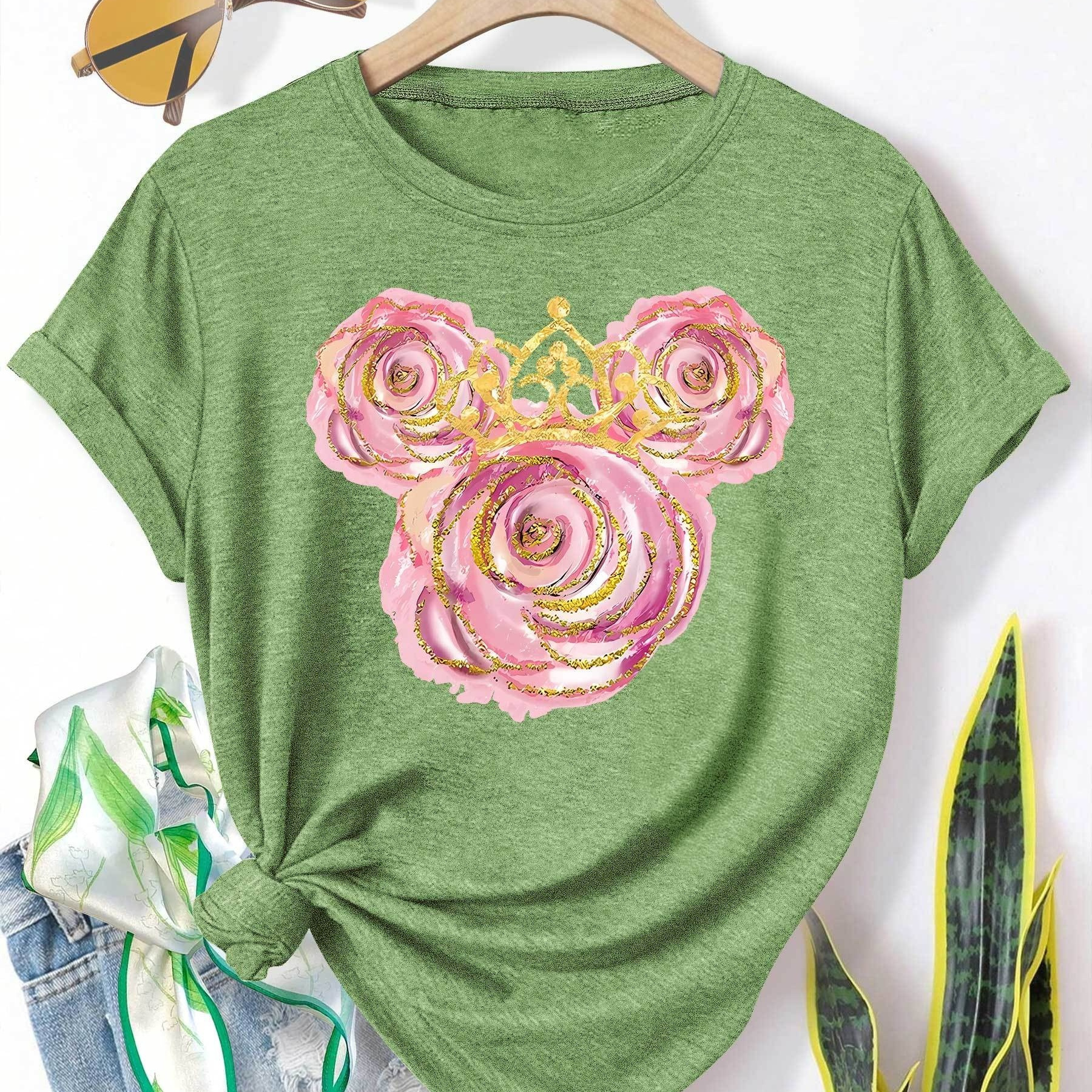 

1pc Elegant Rose Mouse With Crown Print T-shirt, Casual Crew Neck Short Sleeve Top, Polyester Knit Fabric With Slight Stretch, Fashionable For Spring/summer/fall - Multiple Colors S-xxl