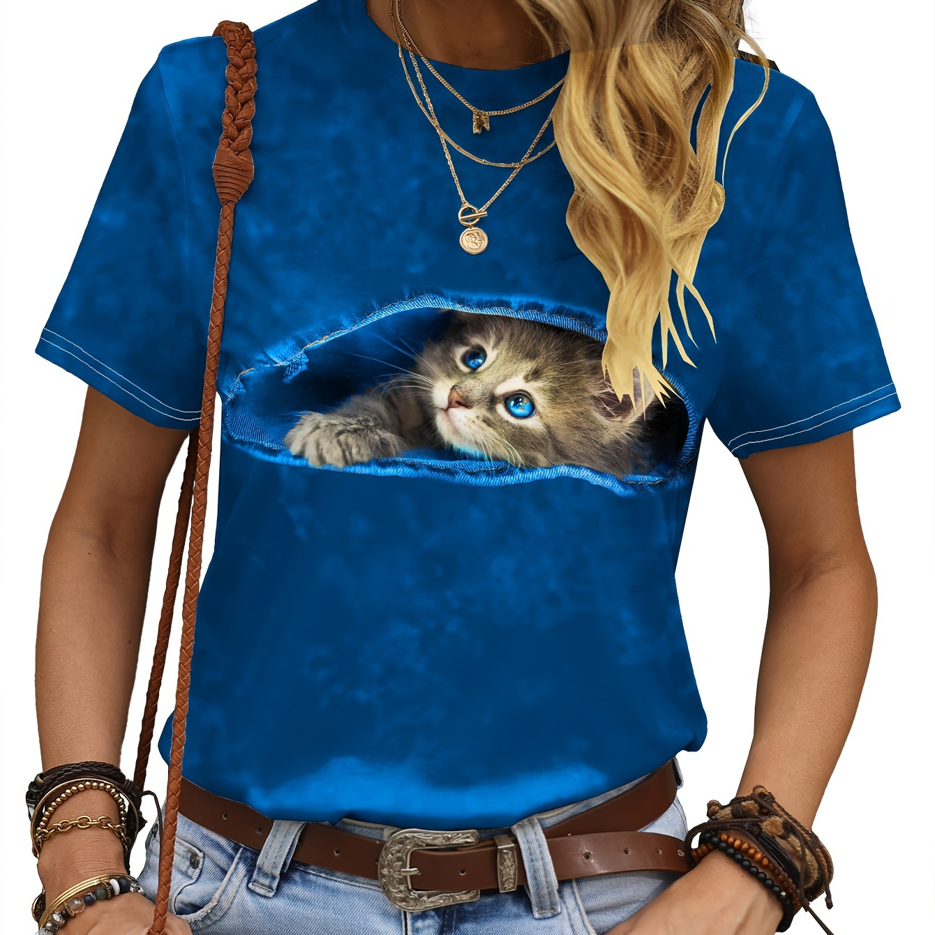 

Plus Size Casual T-shirt, Women's Plus Cute Cat Print Short Sleeve Round Neck Slight Stretch T-shirt