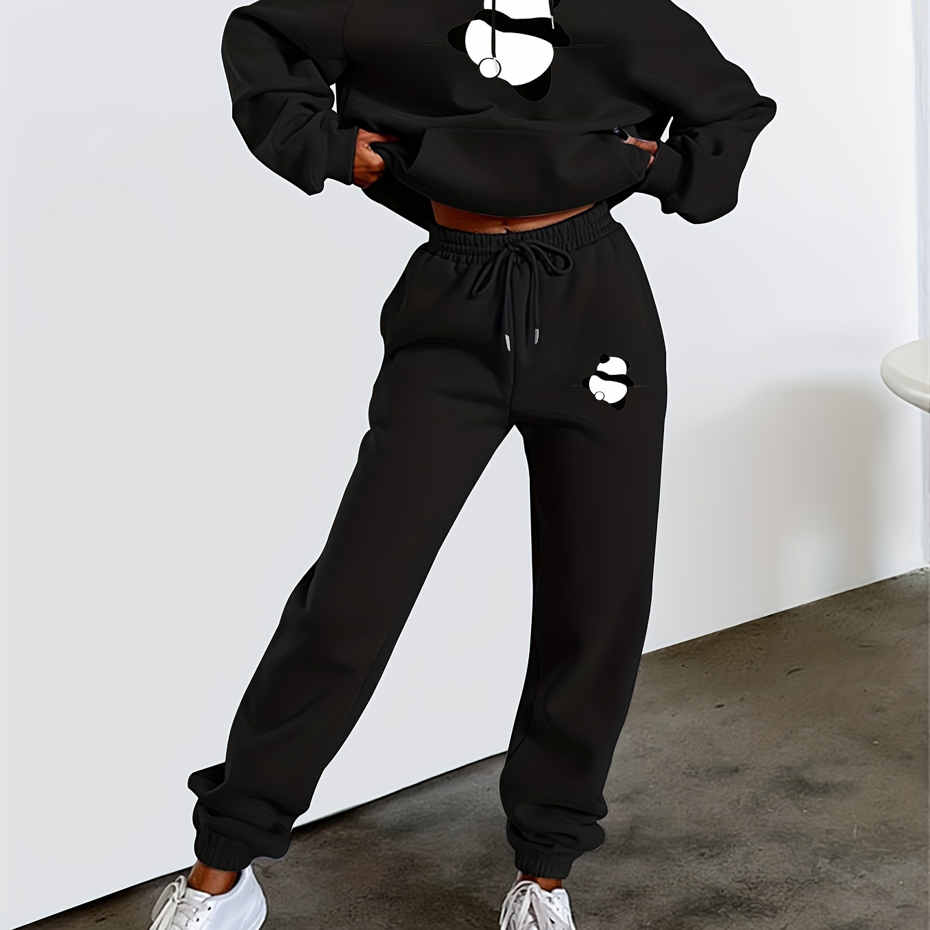 

Women's Hooded Polyester Tracksuit Set With Print, Long Sleeve Drawstring Hoodie And Sweatpants With Stretch, Casual Knit Fabric Sportswear For All