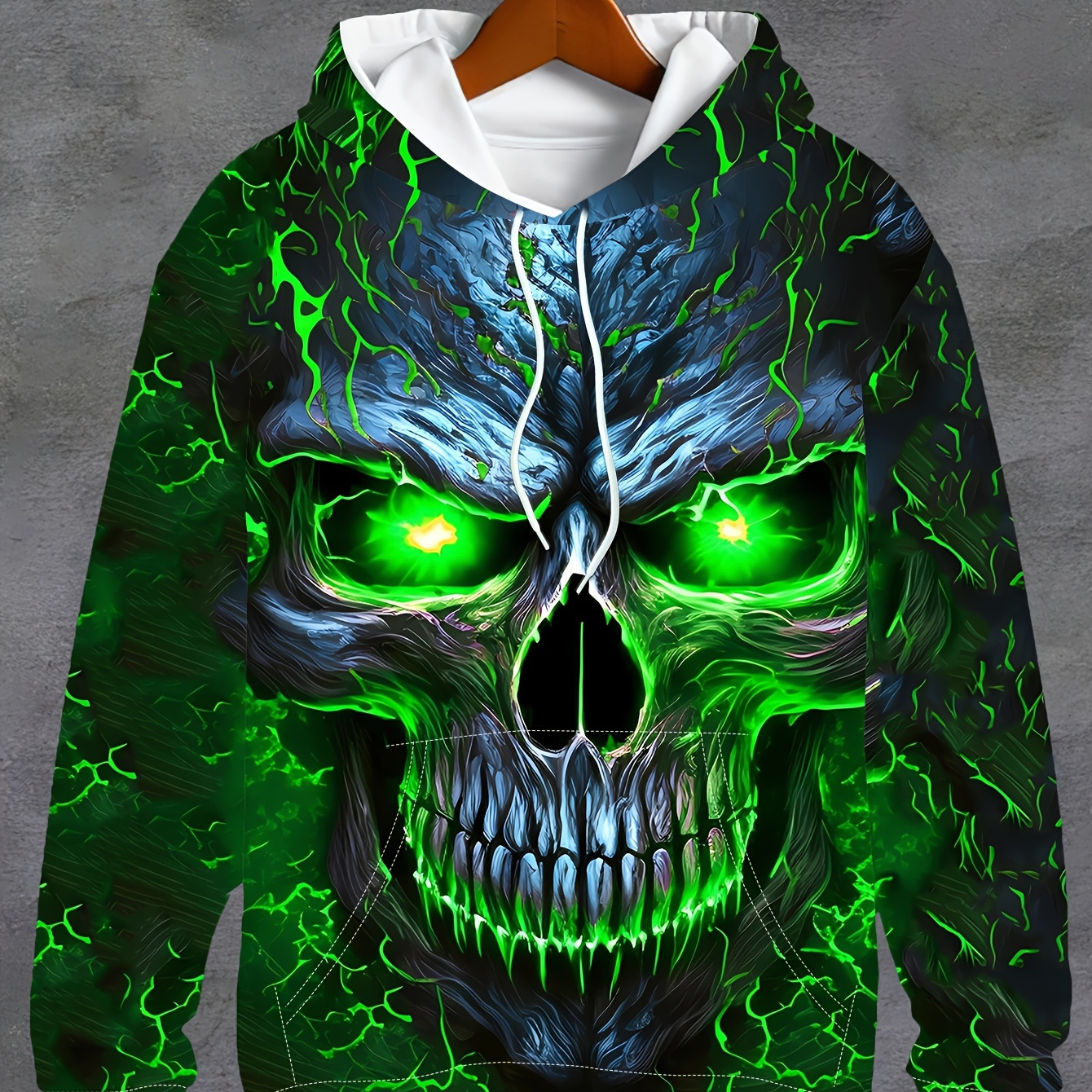 

Sweat-shirt à capuche à manches longues avec motif 3D tête de mort et éclair vert pour homme, printemps et automne, sweat-shirt à capuche original et élégant pour la rue et les loisirs sportifs.