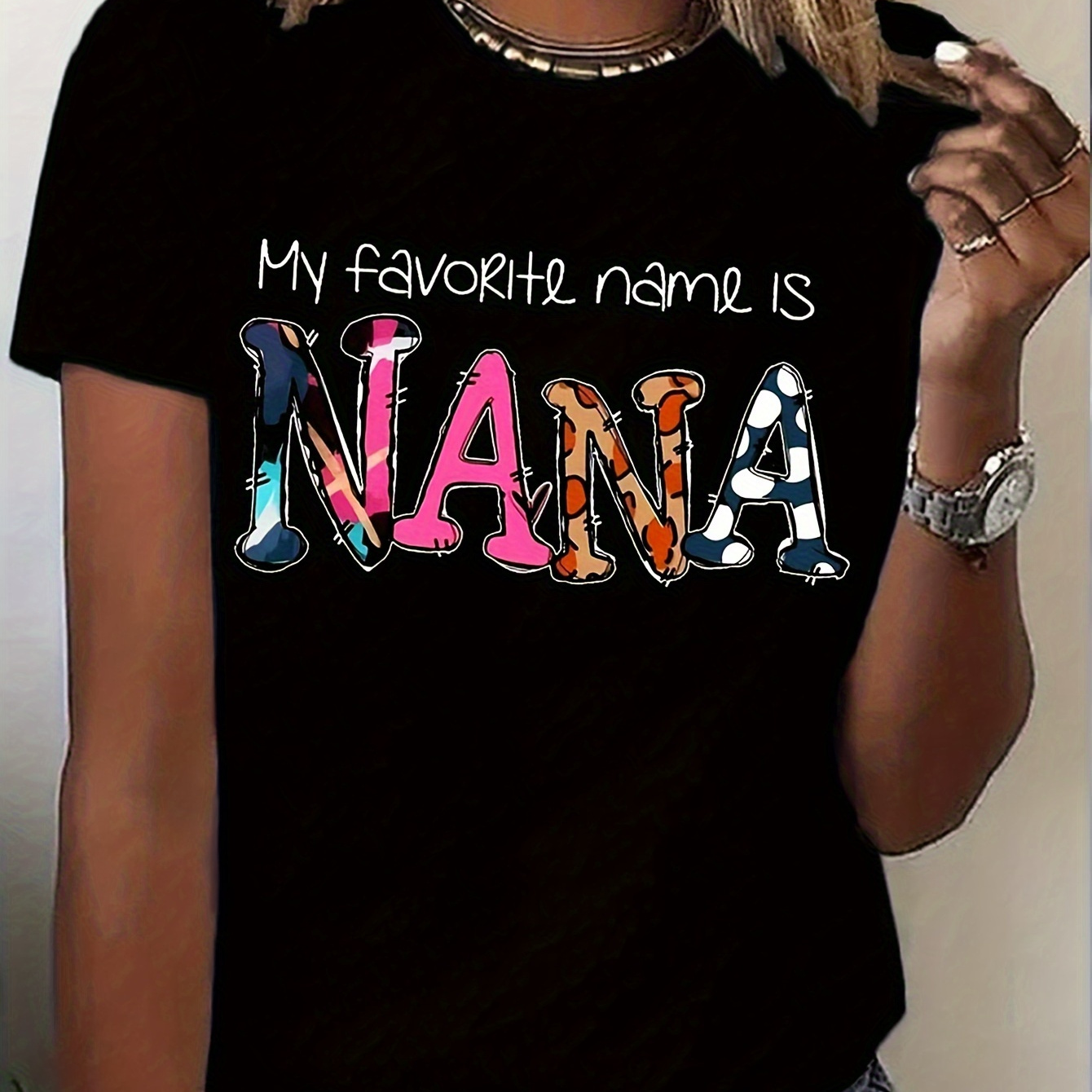 

Plus Size Letter Nana Print T-shirt, Casual Short Sleeve Top For Spring & Summer, Women's Plus Size Clothing