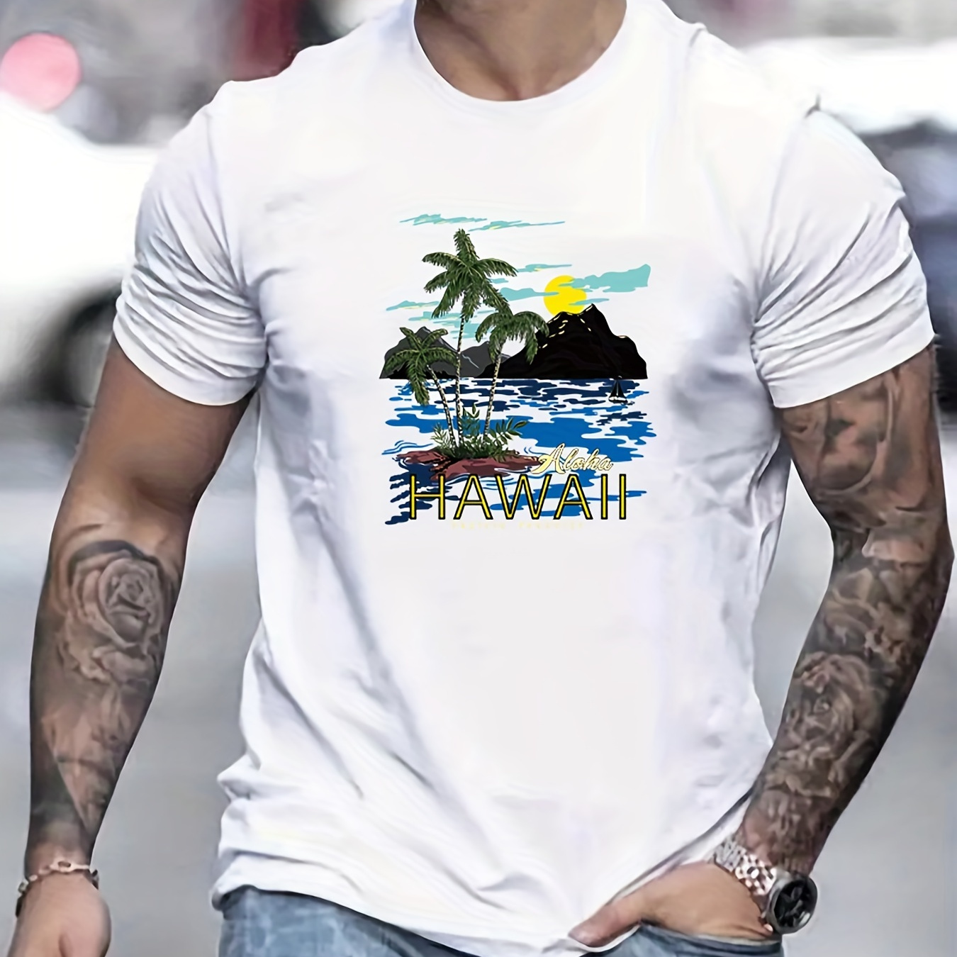 

Hawaii Island Pattern Print Men's Comfy T-shirt, Graphic Tee Men's Summer Outdoor Clothes, Men's Clothing, Tops For Men