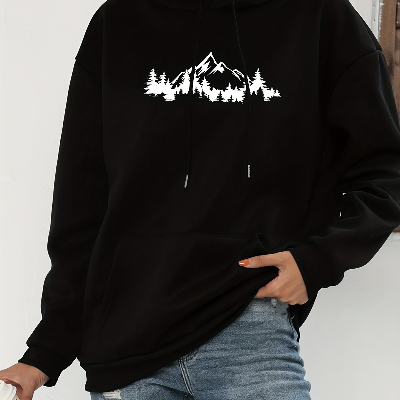 

Mountain Print Drawstring Hoodie, Casual Long Sleeve Kangaroo Pocket Hoodie Sweatshirt, Women's Clothing