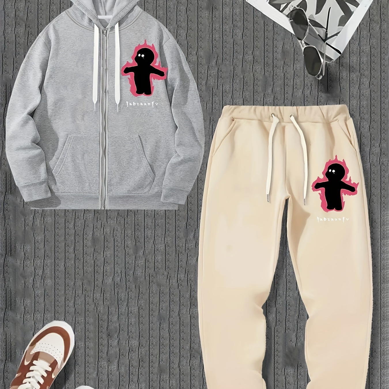 

Casual 2pcs Set, Men's Printed Zip Up Hoodie & Drawstring Sweatpants Matching Set For Fall Winter
