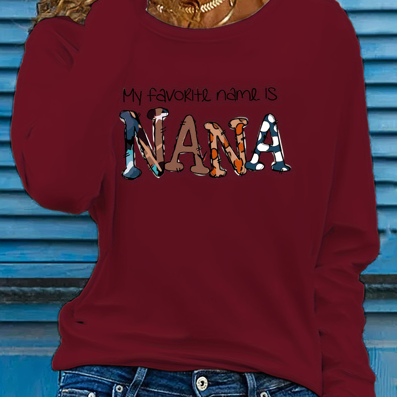 

Nana Print Crew Neck T-shirt, Casual Long Sleeve Top For Spring & Fall, Women's Clothing