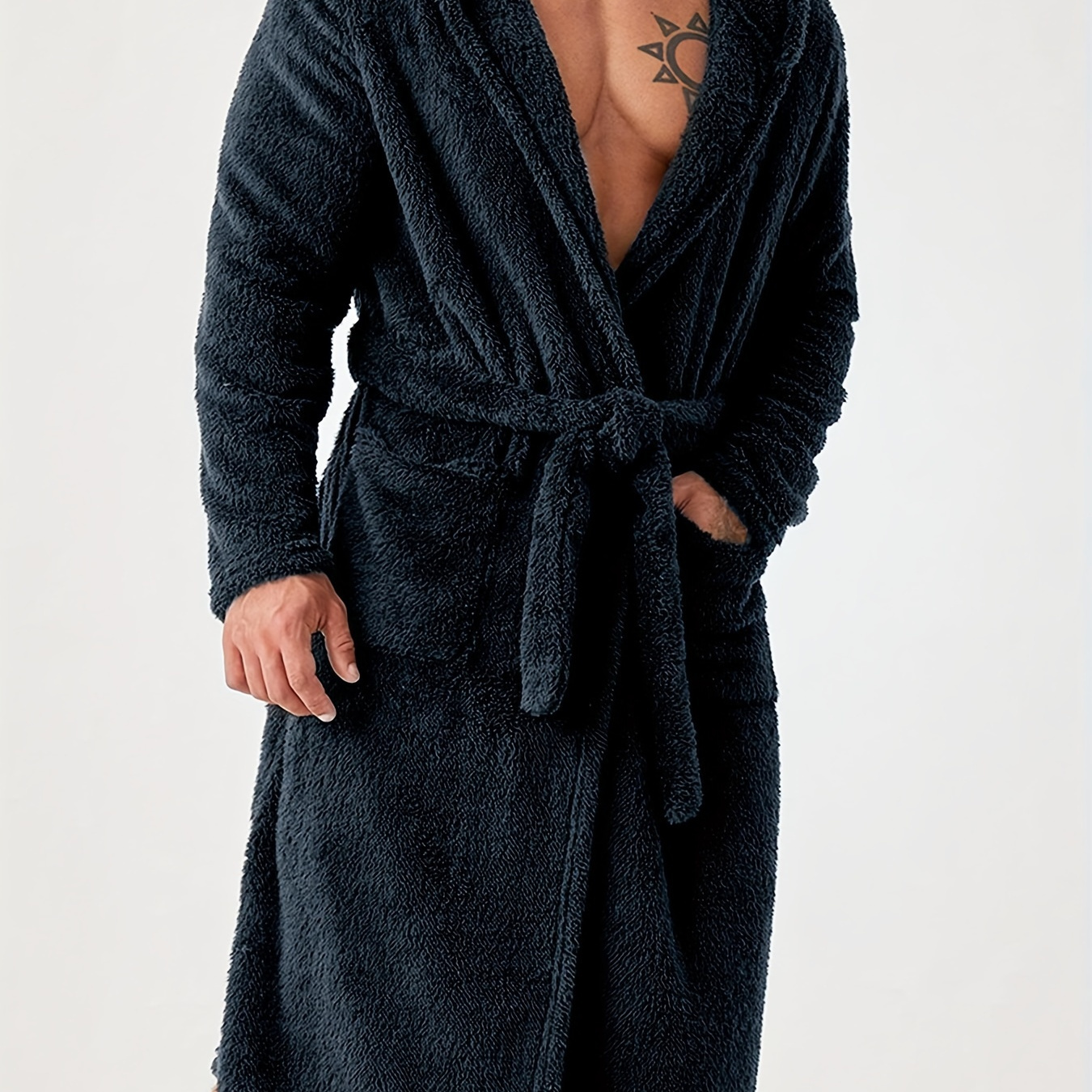 

Conjuess Men's Hooded Robe - Polyester 100% Long Sleeve Solid Color Bathrobe With Belt, Stretch Knit Fabric, Loose Fit Hooded Bathrobe With Dual Patch Pockets For Spring/fall